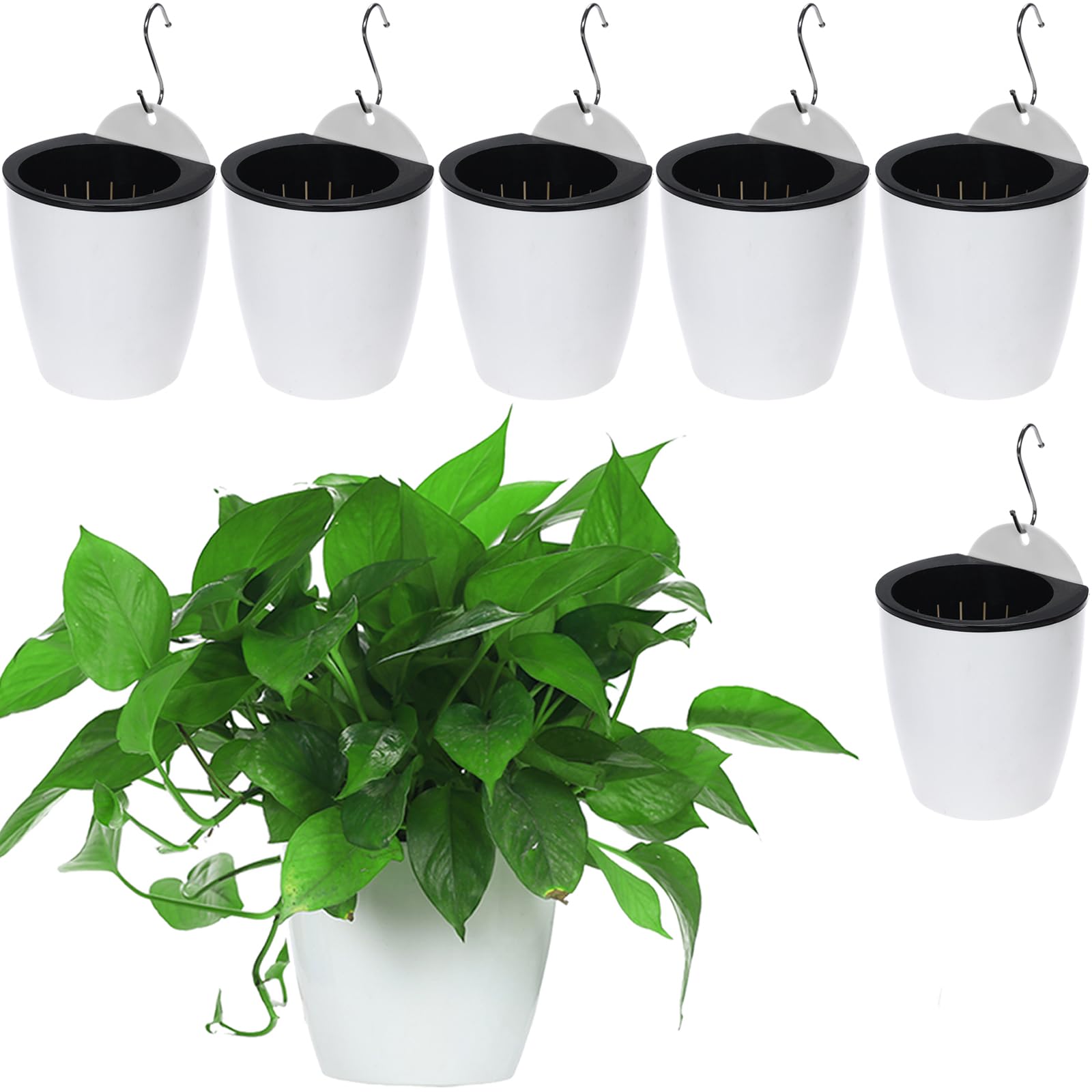 6 Pack 5 Inch Self Watering Plastic Hanging Planters - Wall Mounted Wicking Flower Pots for African Violets, Spider Plants, Orchids - Indoor & Outdoor Use - Perfect for Balconies, Patios, and Small Space Gardening
