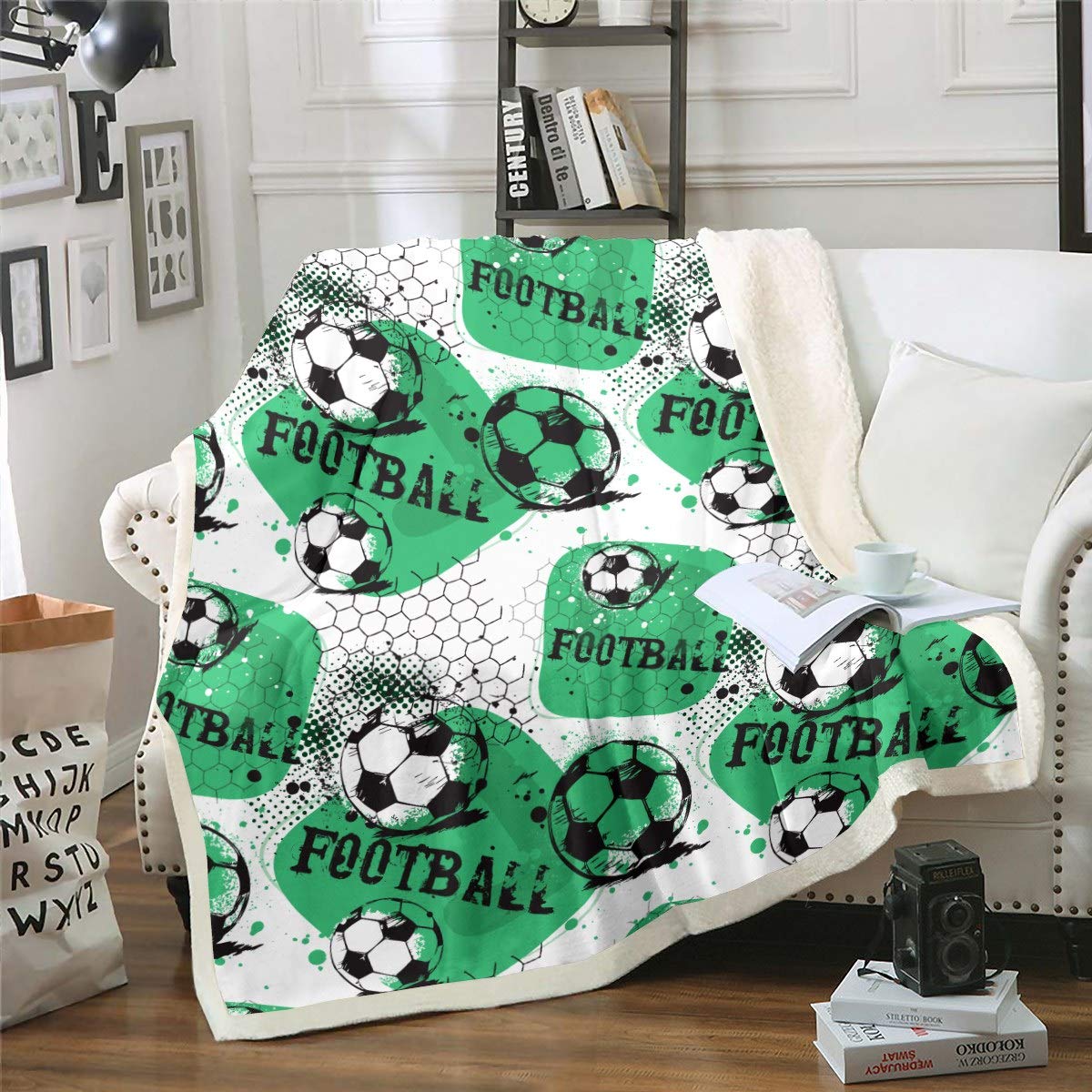 Kids Football Printed Fleece Throw Blanket 50x60 Inch - Soccer Ball Design Sherpa Blanket for Boys Teens, Soft Plush Blankets for Bed, Couch, Office & Sports Room - Perfect for Game Nights, Lounging & Decor (White & Green)