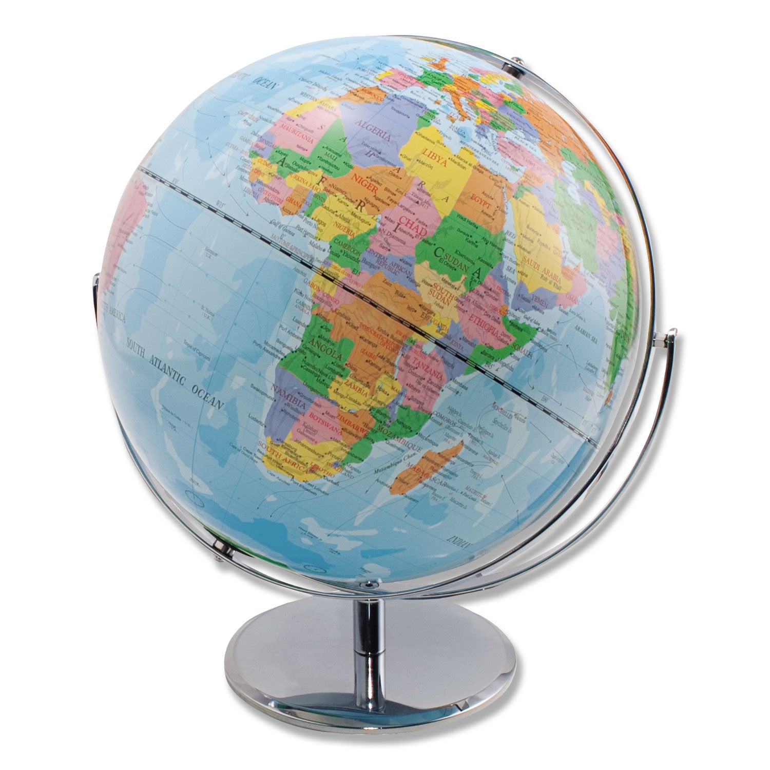 Advantus 12 Inch World Globe with Blue Oceans - Silver Metal Desktop Base & Full Meridian - Perfect for Office Decor, Geography Learning & Gift Giving