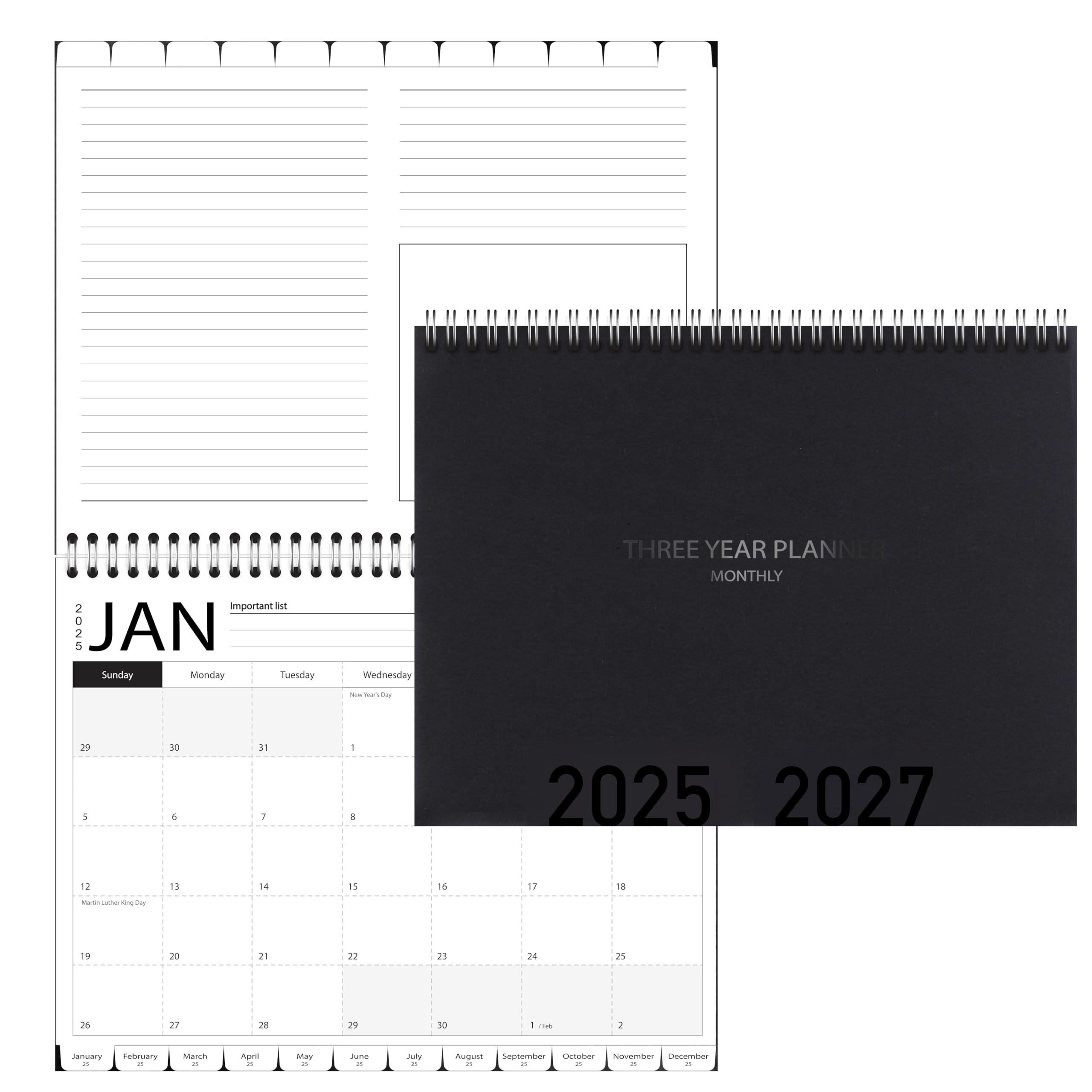 2025-2027 3-Year Monthly Planner Calendar - Spiral Bound Organizer with Tabs, 8.5 x 11 Inches, Black - Perfect for Office, School, Home & Gift Giving