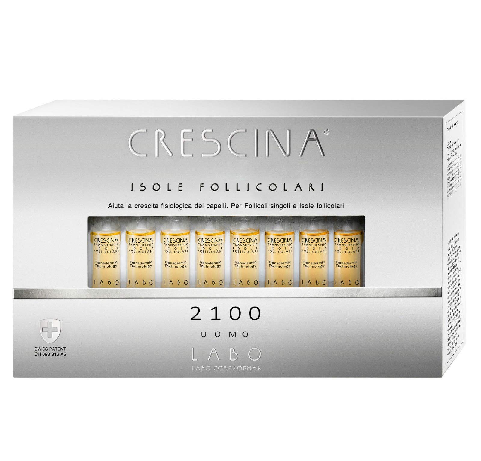 Crescina Hair Growth Treatment for Men - 40 Vials with Isole Follicolari 2100 for Thicker Hair | Effective Hair Loss Solution & Scalp Care for Daily Use at Home