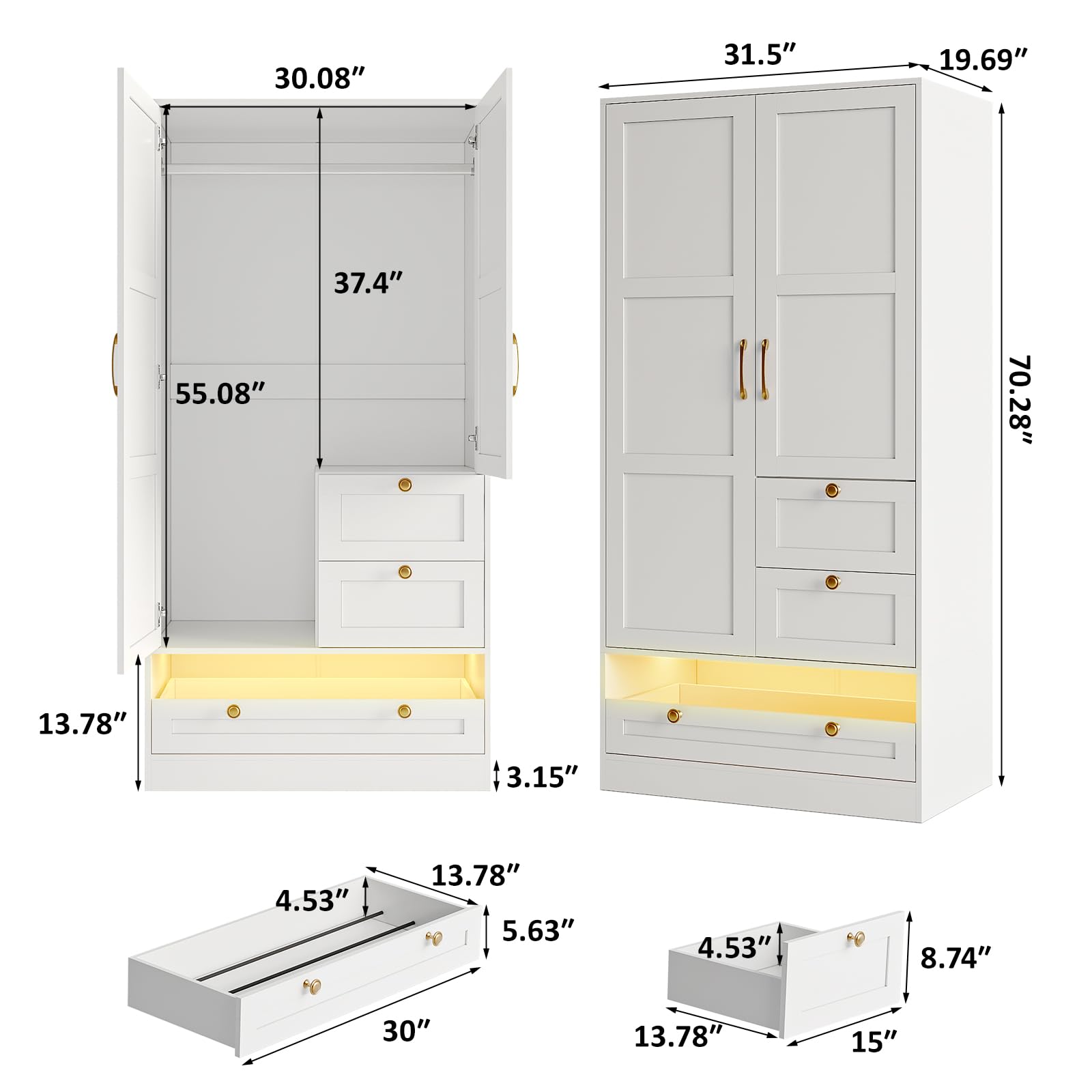 White Maupvit 2-Door LED Wardrobe with Drawers & Hanging Rod - Spacious Bedroom Closet Organizer for Laundry Storage