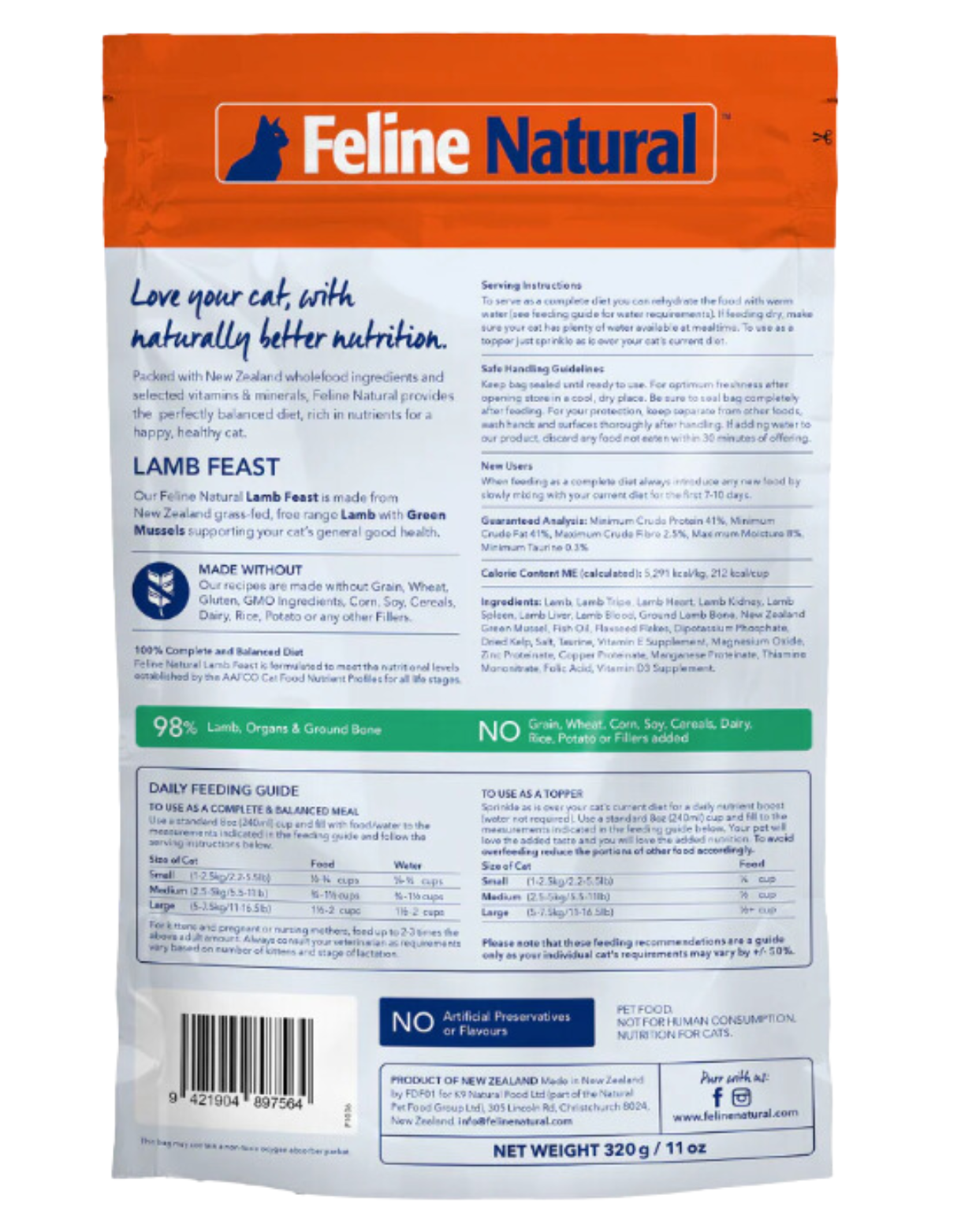 Premium Freeze-Dried Lamb Cat Food - Feline Natural Grain-Free Recipe, 320g | High-Protein, All-Natural Nutrition for Indoor & Outdoor Cats - Perfect for Travel, Training & Treats