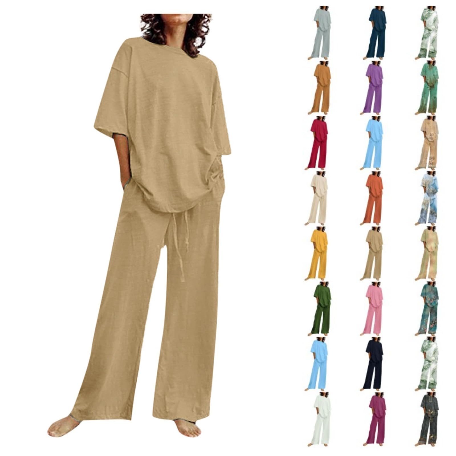 Trendy Women's Two Piece Outfits 2024 - Summer Vacation Beach Lounge Set with Short Sleeve Blouse & Wide Leg Pants | Casual Wear, Poolside Relaxation, Weekend Getaways