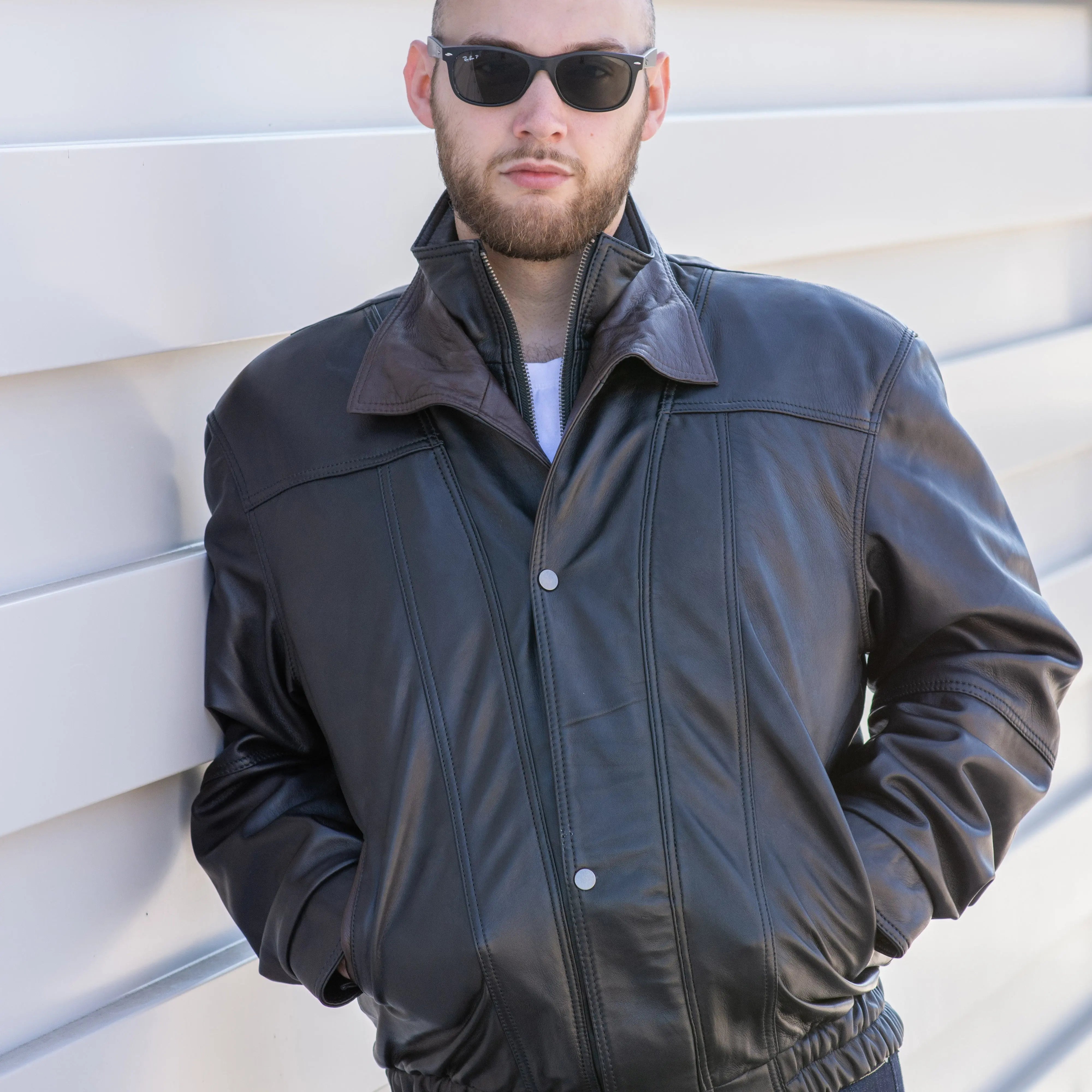BOL Men's Double Collar Genuine Leather Bomber Jacket - Stylish Vintage Aviator Coat for Casual Wear & Night Out