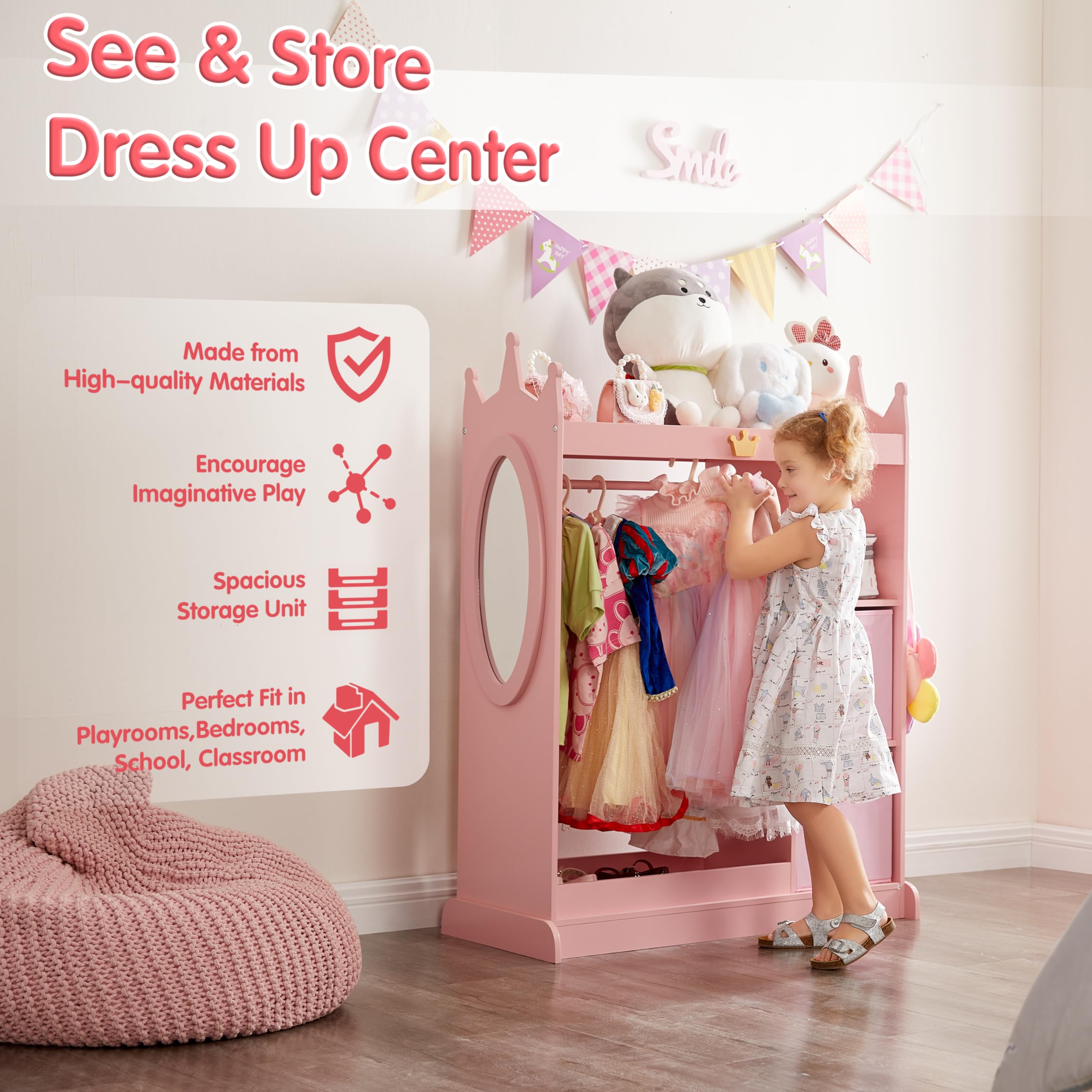 Pink Kids Dress Up Storage Closet with Mirror, 2 Storage Bins & Cloth Hanger - Playroom Armoire Dresser for Pretend Play, Bedroom & Kids Room Organization - Perfect for Dress-Up Games & Toy Storage