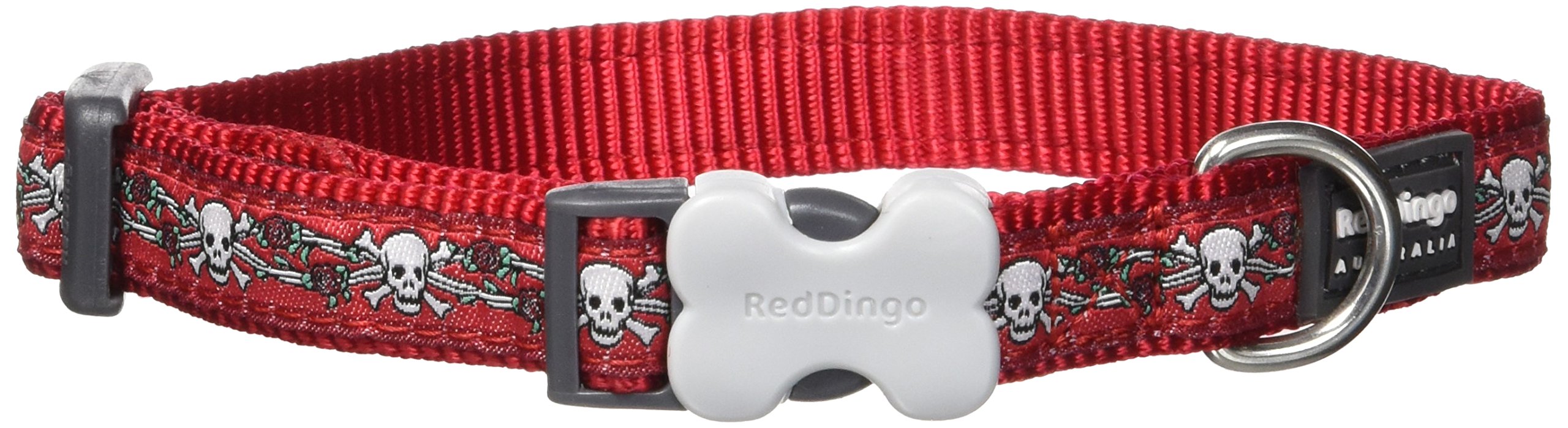 Red Dingo Skull & Roses Dog Collar - 15mm Wide Adjustable Pet Collar with Metal D-Ring for Leash - Stylish & Durable for Small to Medium Dogs - Perfect for Walking, Training & Halloween Costumes