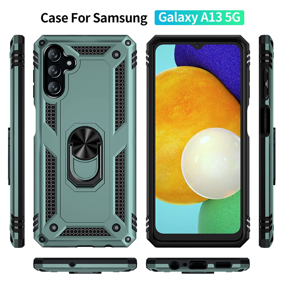 Premium Shockproof Military Grade Case for Samsung Galaxy A13 5G & A04s - Silicone Protective Phone Cover with Built-in Screen Protector & Ring Kickstand (Dark Green) | Perfect for Outdoor Activities, Travel, and Daily Protection