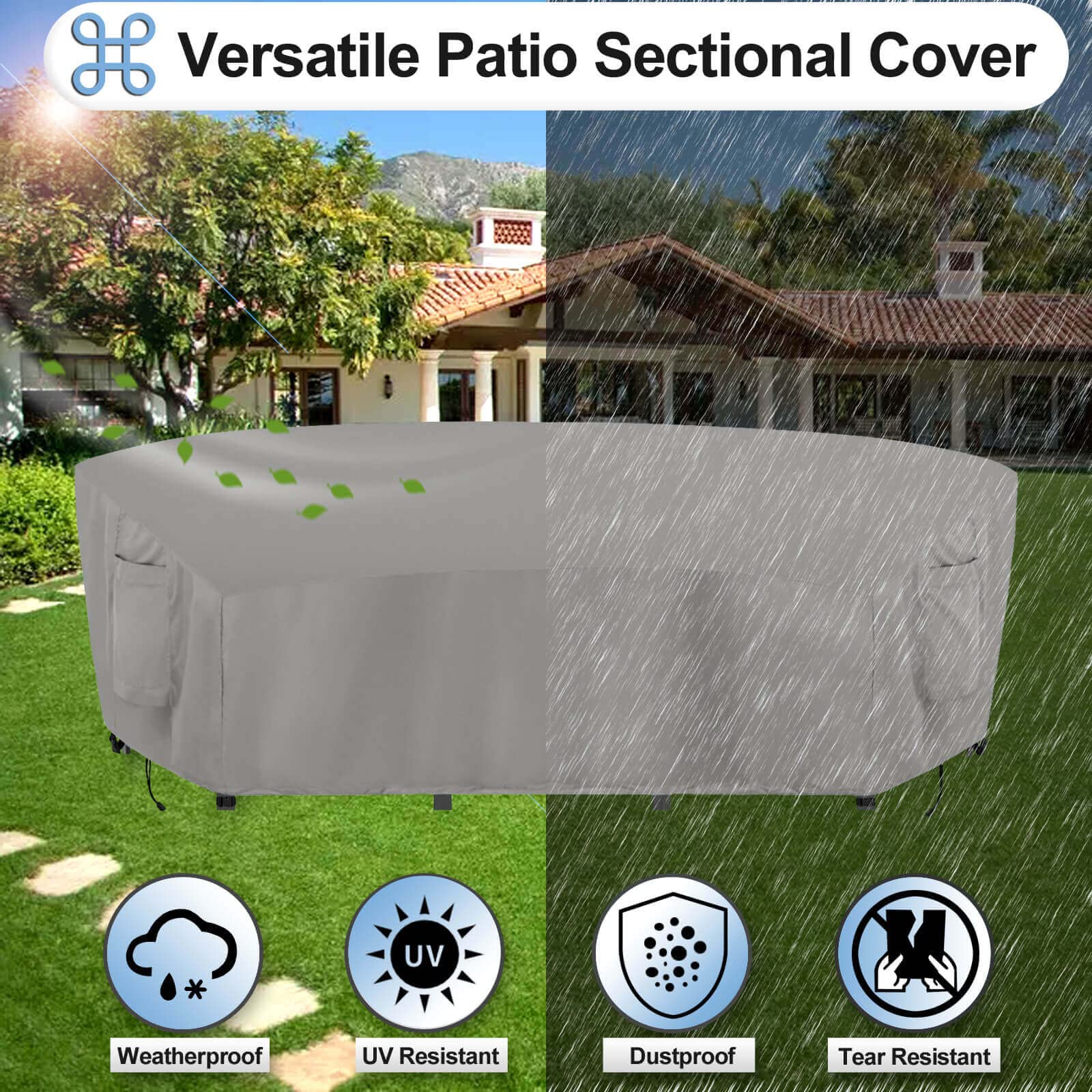 OutdoorLines Waterproof & UV Resistant Curved Patio Sectional Cover - Heavy Duty Windproof Furniture Protector for Deck, Lawn & Backyard Sofas (190Lx36Dx39Hx128FL, Gray) | Perfect for Rain, Snow & Sun Protection