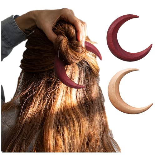 Hand Carved Wooden Crescent Moon Hair Fork Set - 2pcs Moon Hair Sticks for Women, Natural Wood Hairpin for Thick Hair, Boho Hair Accessories for Updos & Braids (2.95 Inch, Set C) - Perfect for Weddings, Festivals & Everyday Styling