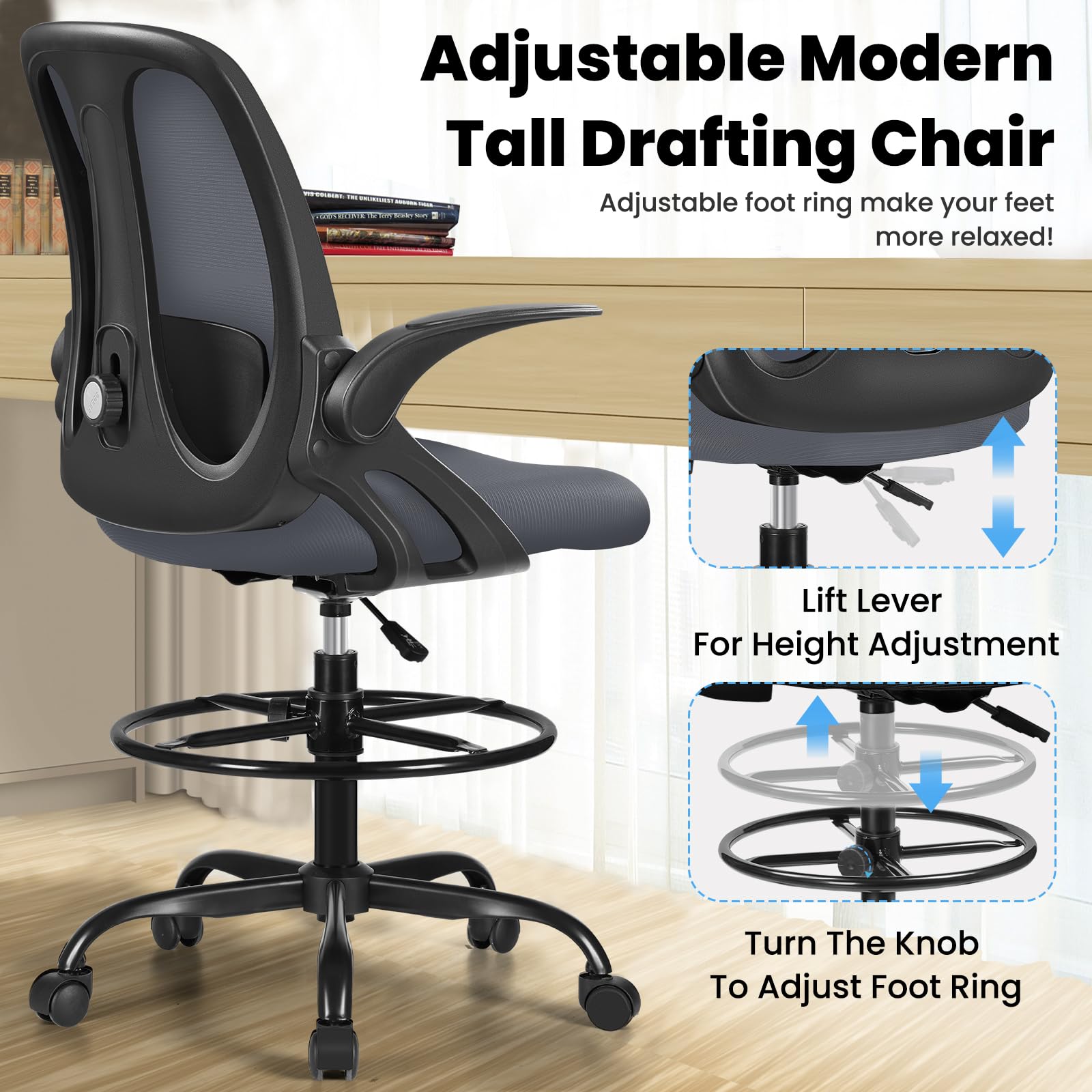 Ergonomic Drafting Chair with Adjustable Lumbar Support & Flip-Up Armrests - High Office Stool with Footrest Ring for Standing Desks - Dark Gray Executive Computer Chair for Architects, Designers & Home Office Use