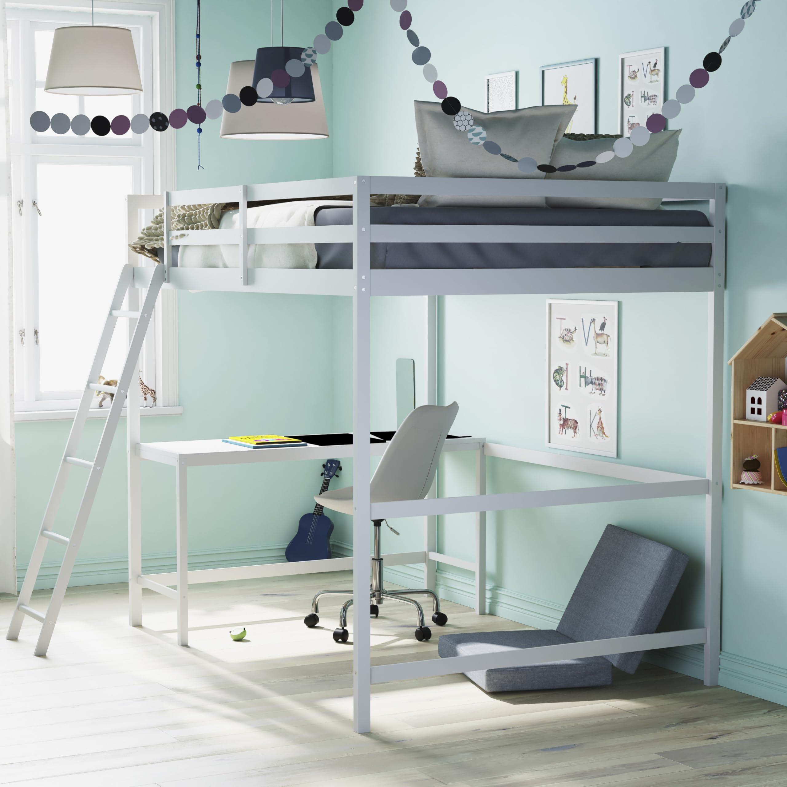 White Full Size Loft Bed Frame with Desk & Wood Slats - Sturdy Protective Guard Rails & Space-Saving Ladder - Perfect for Kids & Teens Bedrooms - Ideal for Small Spaces & Dorm Rooms