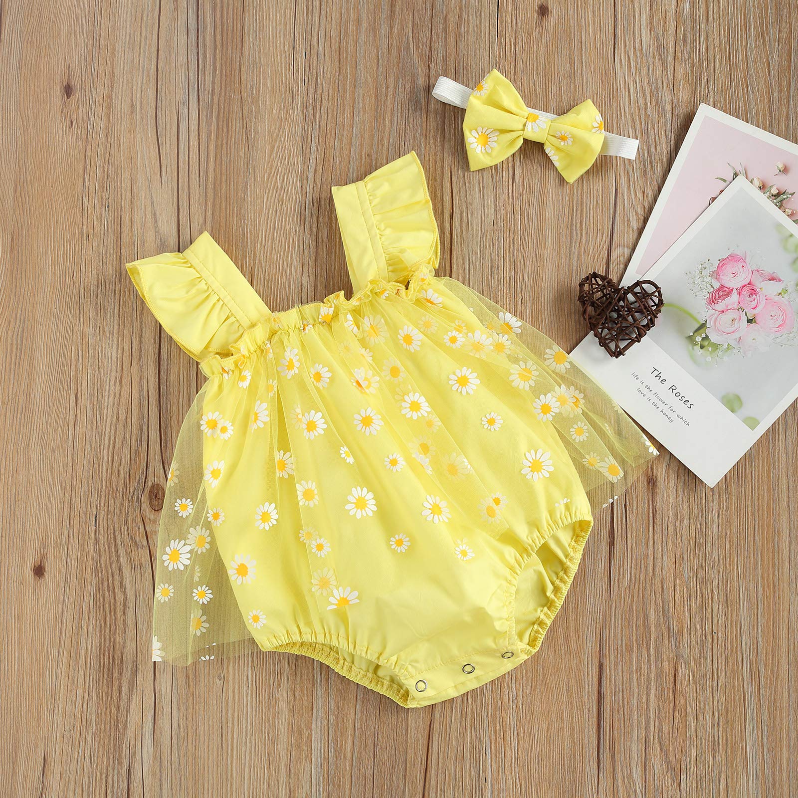 Adorable Baby Girl Ruffle Sleeve Daisy Romper Dress with Matching Headband - Summer Sunsuit Outfit for Newborns & Toddlers - Perfect for Photoshoots, Beach Trips & Birthday Parties