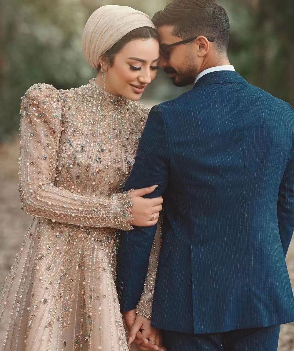 Serene Hill Muslim A-Line Luxury Pearl Beaded Nude Midi Ankle-Length Evening Dress Gown for Women - Formal Wedding Party LA72176 | Elegant Occasions, Bridal Events & Special Celebrations