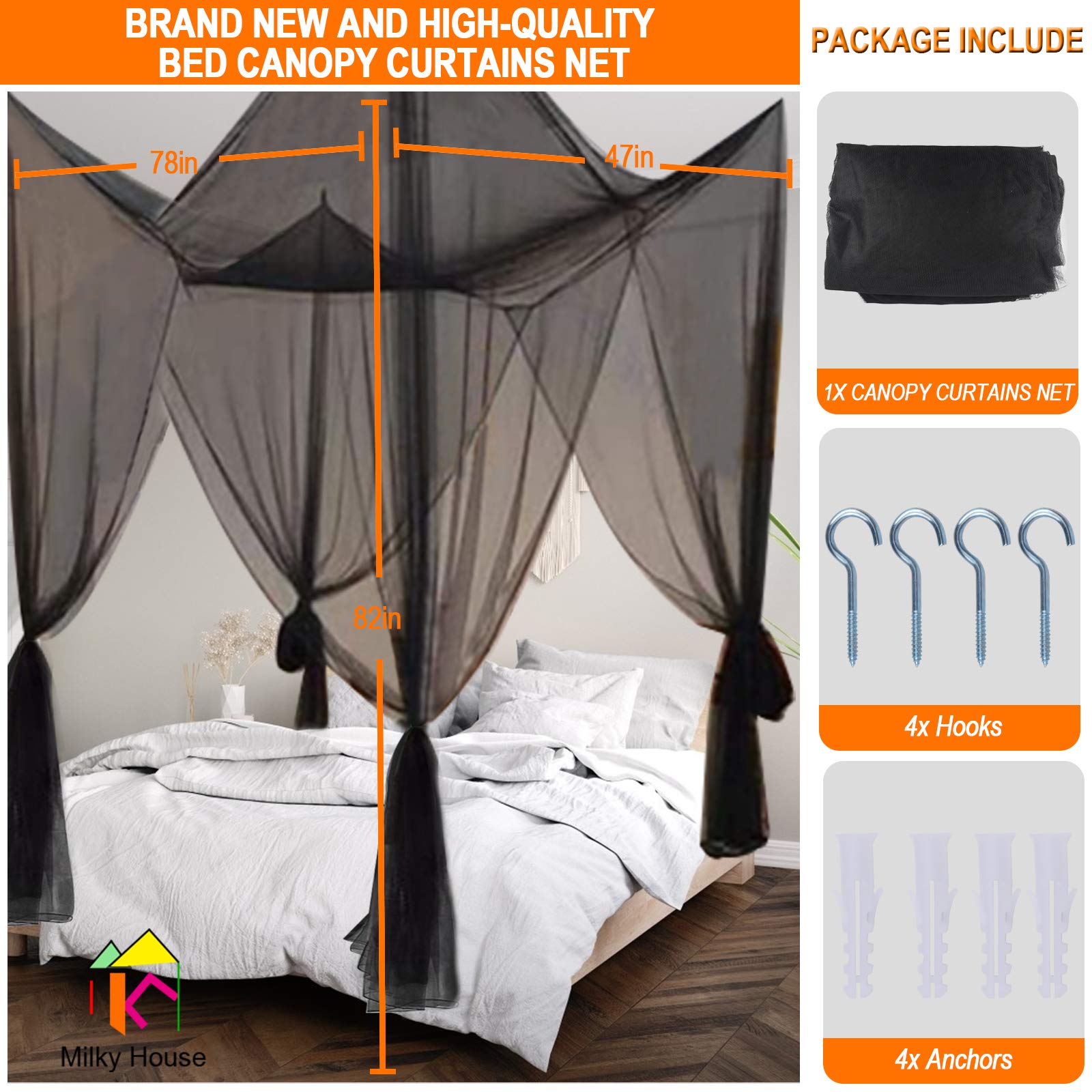 Queen Bed Canopy Tent - Black Mesh Netting for Girls & Adults - Bedroom Decor