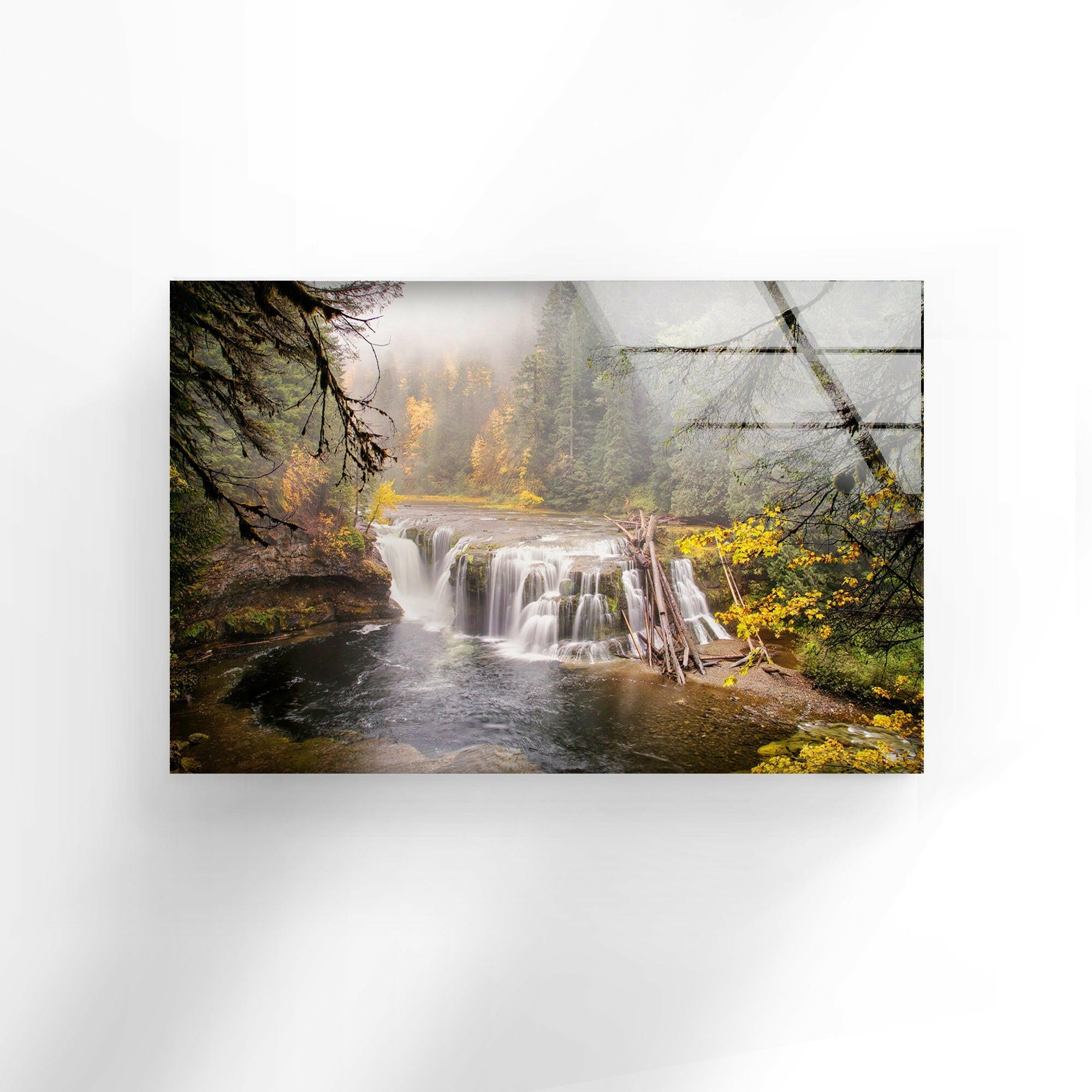 Autumn Waterfall Serenity Nature Wall Art - Stunning Landscape Glass Print for Home & Office Decor - Perfect for Living Room, Bedroom or Meditation Space