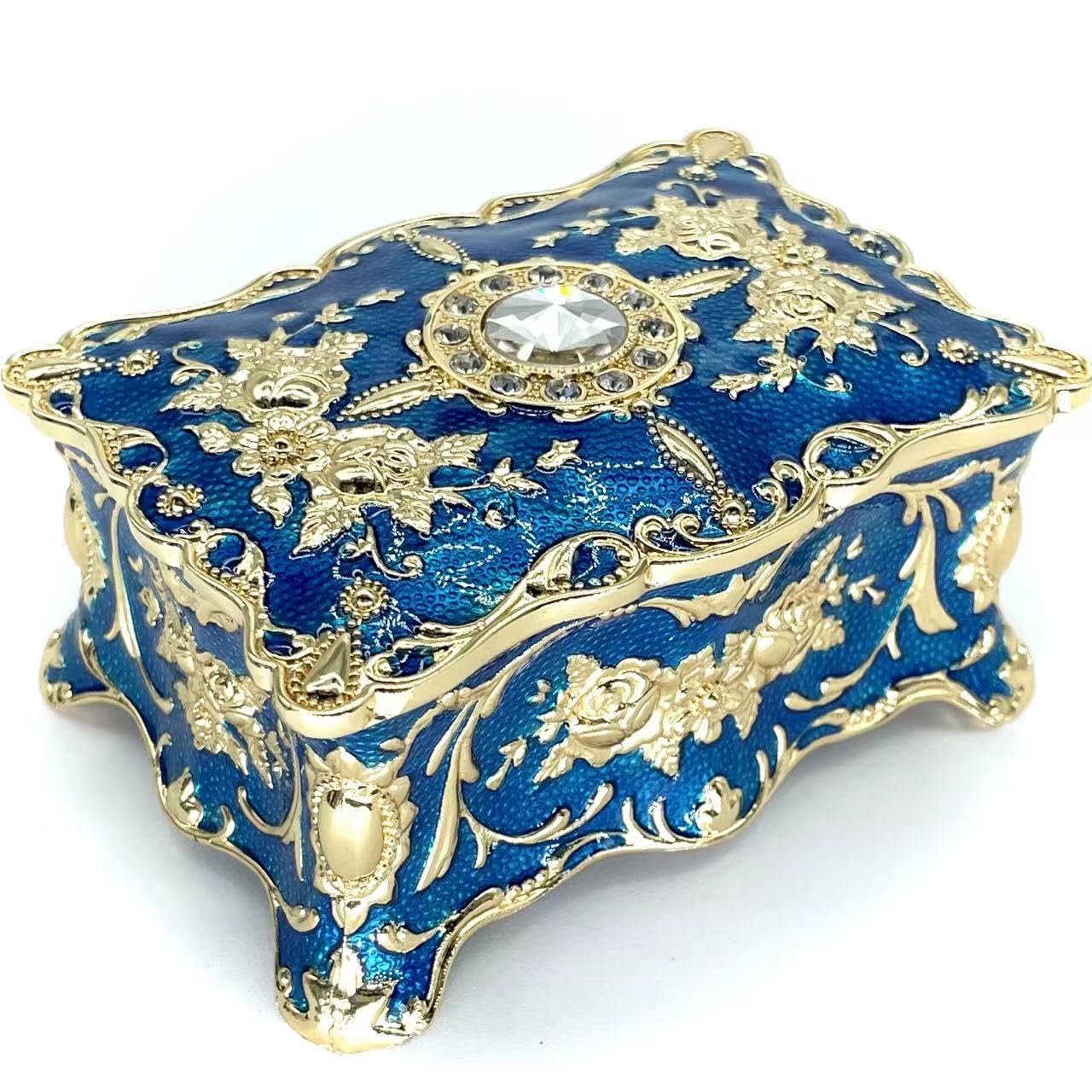Vintage Rose Floral Metal Jewelry Box - Small Golden Blue Gemstone Storage Tray for Rings, Earrings & Necklaces | Romantic Gift for Women, Girls & Ladies | Perfect for Bedroom Vanity, Travel & Bridal Jewelry Organization