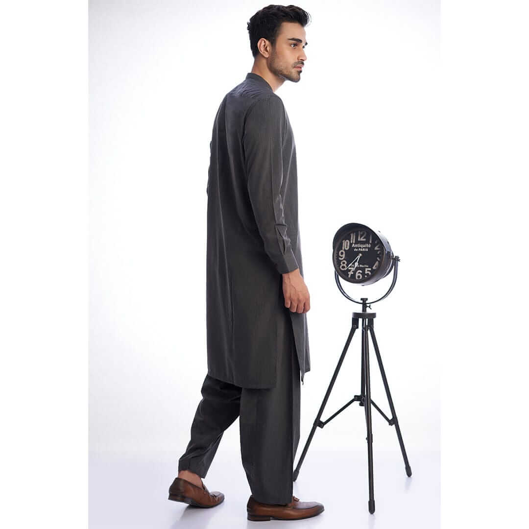Elegant Dark Grey Textured Shalwar Kameez - Traditional Pakistani Outfit for Men - Perfect for Weddings, Festivals & Special Occasions