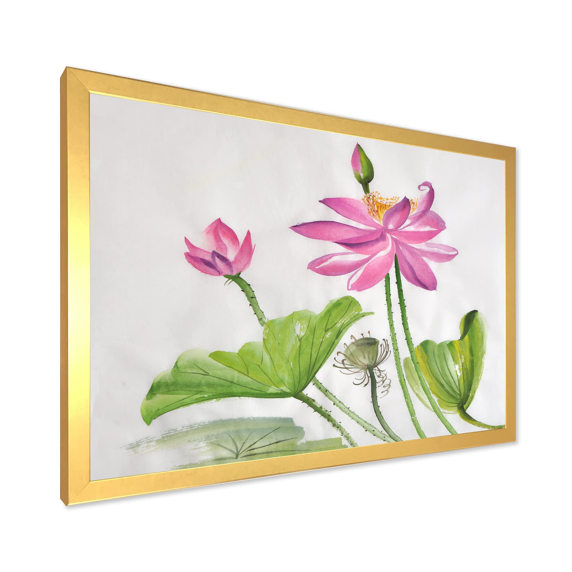 DesignQ Traditional Framed Wall Art - Two Pink Lotus Flowers Painting for Living Room, Bedroom & Office Decor