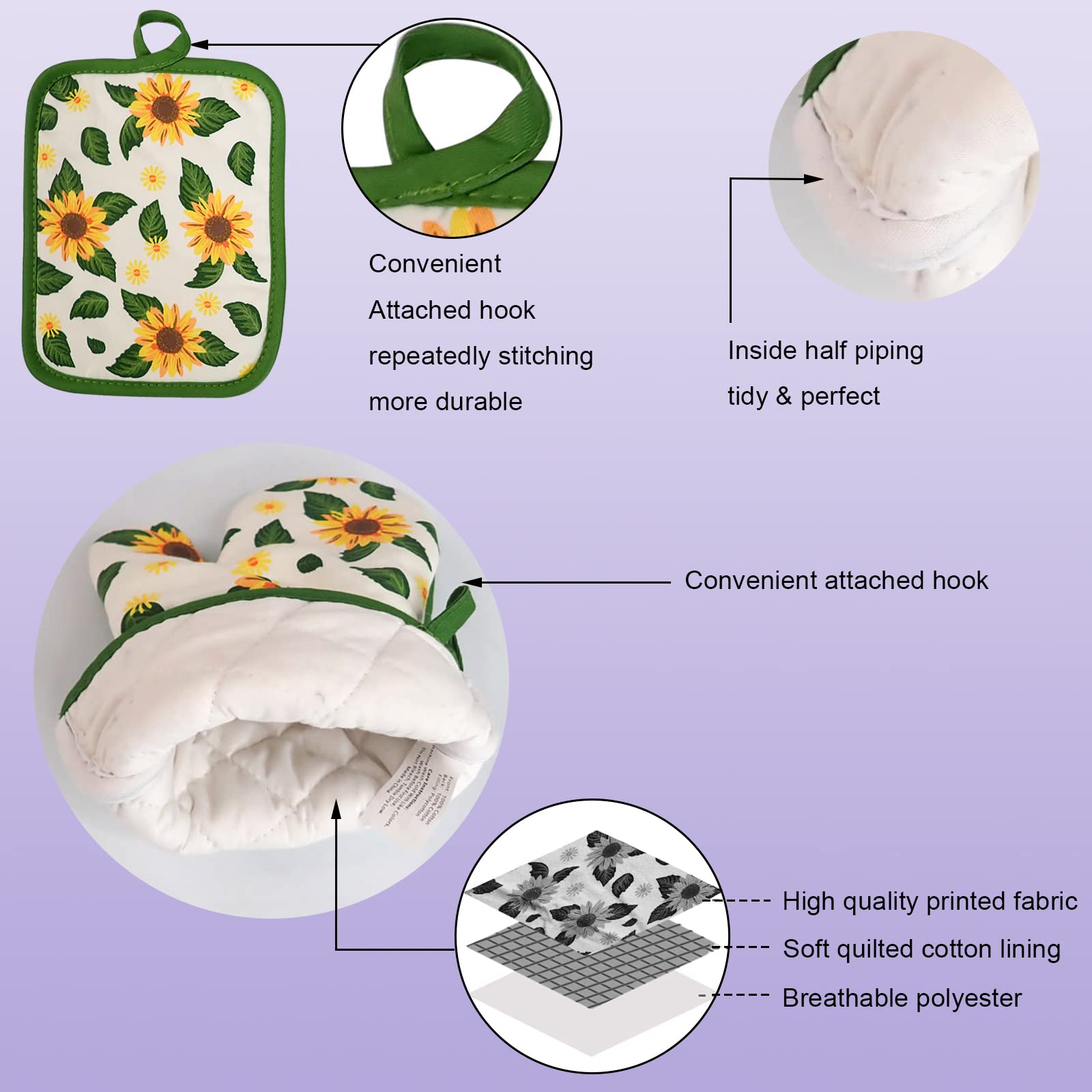 Heat Resistant Oven Mitts and Potholders Set - 100% Cotton Kitchen Accessories for Baking, Cooking & Gifting (5-Piece Sunflower Design) - Perfect for Holiday Meals, BBQ Grilling & Home Kitchen Use