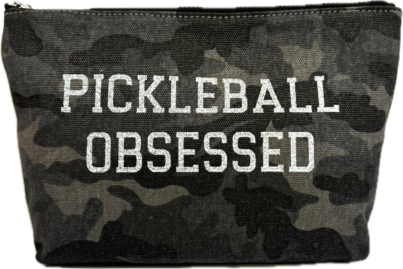 Quilted Koala Pickleball Obsessed Clutch & Makeup Bag - Camouflage Print with Silver Glitter Accents, Green - Perfect for Pickleball Tournaments & Travel Accessories