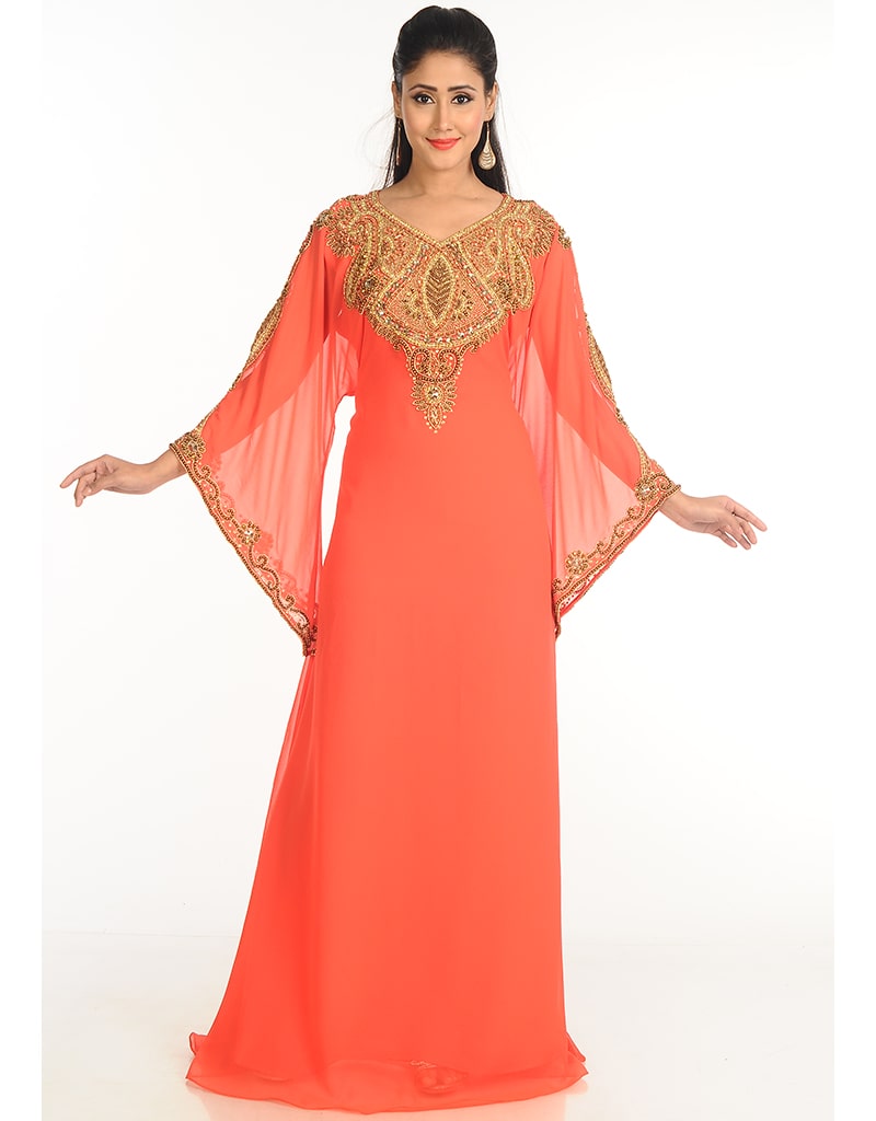 Arabic Peach Georgette Hand Zari Embroidered Galabiya Dress | Elegant Islamic Abaya for Women | Perfect for Eid, Wedding & Special Occasions
