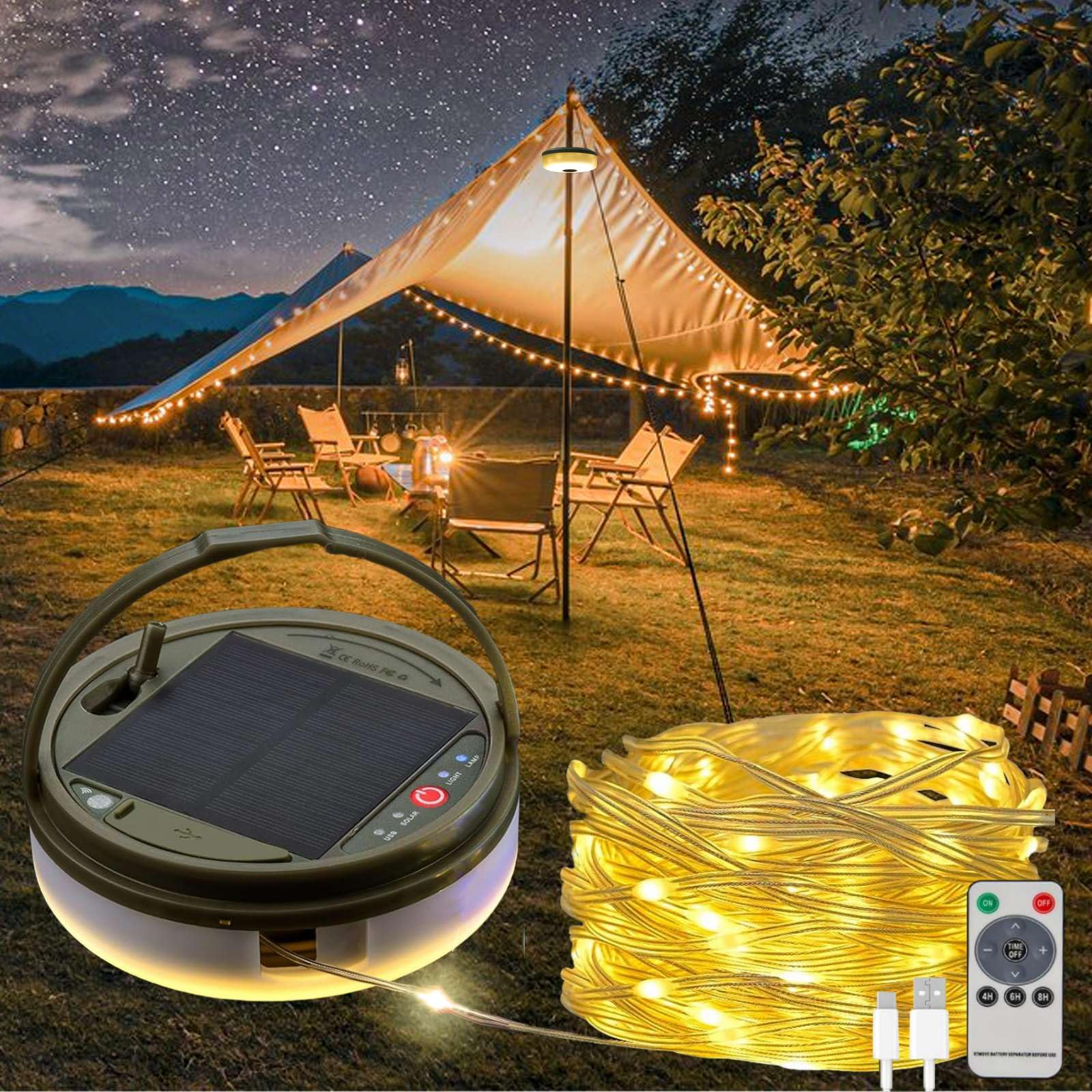 Solar Powered Camping String Lights - 39.4FT 150LED Waterproof Fairy Lights with Remote Control | USB Rechargeable Outdoor Tent Lantern for Hiking, Backyard, Garden & Patio Decor | Perfect for Camping, Picnics & Outdoor Parties