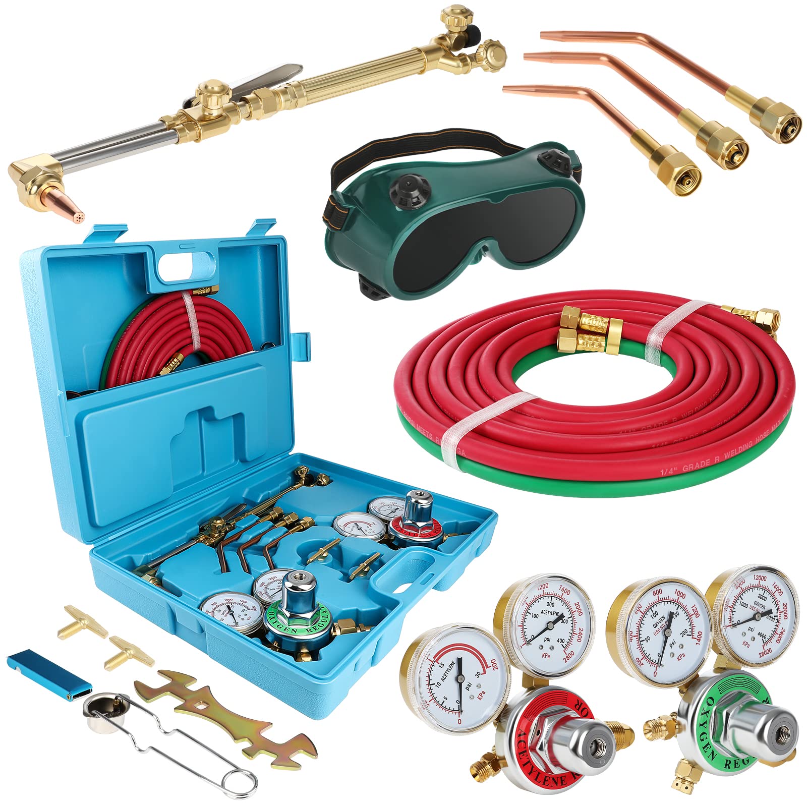Oxy Acetylene Torch Kit - Professional Gas Welding & Cutting Torch Set with Nozzles, Regulator, Hose Gauges - Portable Oxy Fuel Brazing & Welding Equipment in Blue Case - Perfect for Metal Fabrication, Automotive Repair & DIY Projects