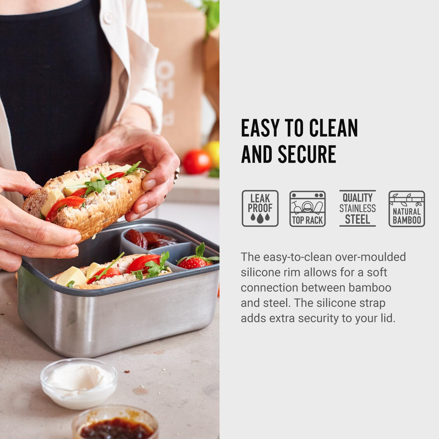 BLACK + BLUM Stainless Steel Sandwich Box Large - Eco-Friendly Plastic-Free Meal Prep Lunch Container with Bamboo Lid (42 oz / 1.25L) - Perfect for Office Lunch, Picnics & Sustainable Food Storage