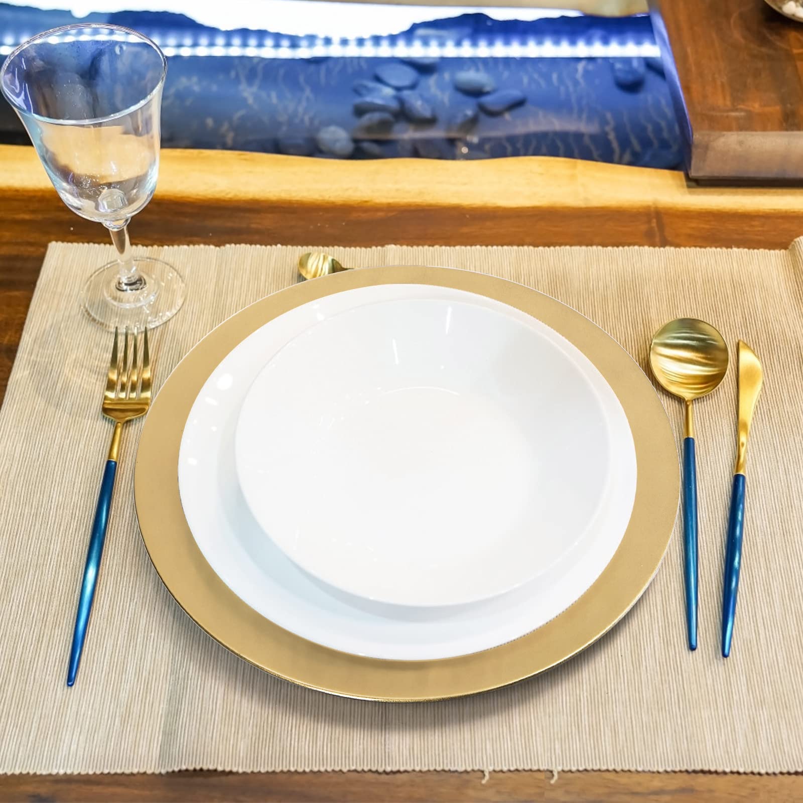 ZEAYEA 12 Pack Gold Charger Plates - 13 Inch Round Plastic Dinner Plates for Wedding, Party & Holiday Decor - Elegant Table Setting for Formal Dining, Buffets & Special Events