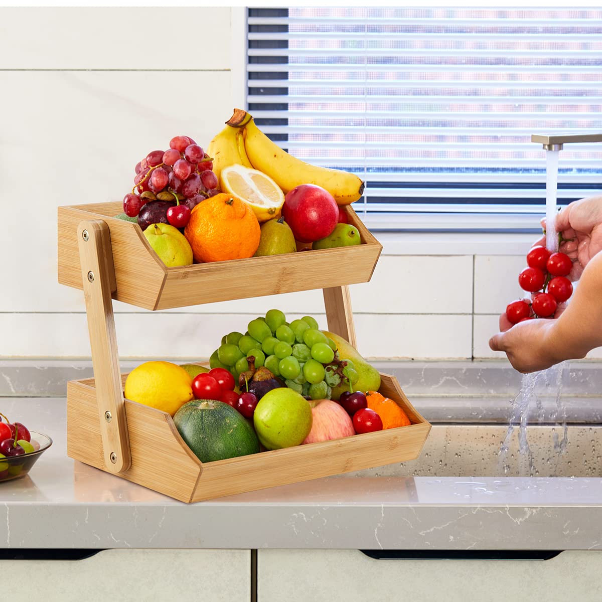 Natural Bamboo Fruit Basket Stand - Large Capacity Kitchen Countertop Organizer for Bread, Vegetables, Snacks & Food Display | Perfect for Home, Pantry, and Dining Room Storage