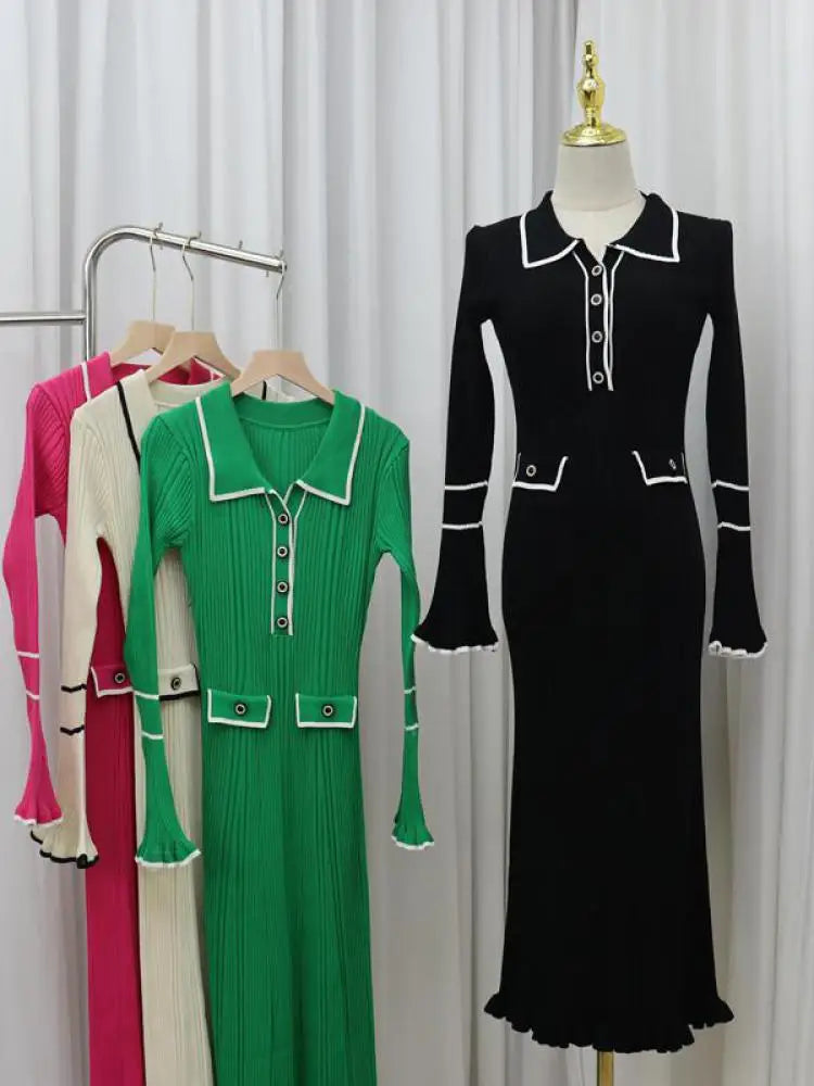 Autumn 2024 Women's Fashion Long Sleeve Single Breasted Patchwork Knit Dress - Elegant Office Wear & Business Casual Dress for Work, Meetings, and Professional Events