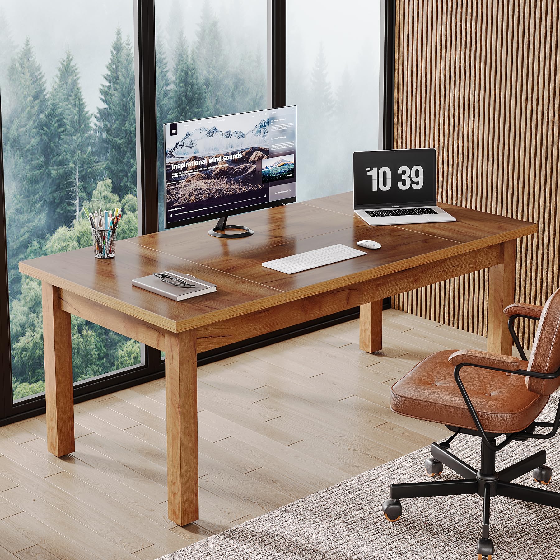 Tribesigns 70 Inch Large Computer Desk - Farmhouse Style Office Desk with Solid Wood Legs, Sturdy Thickened Frame & Board | Perfect for Home Office, Study Room & Workspace