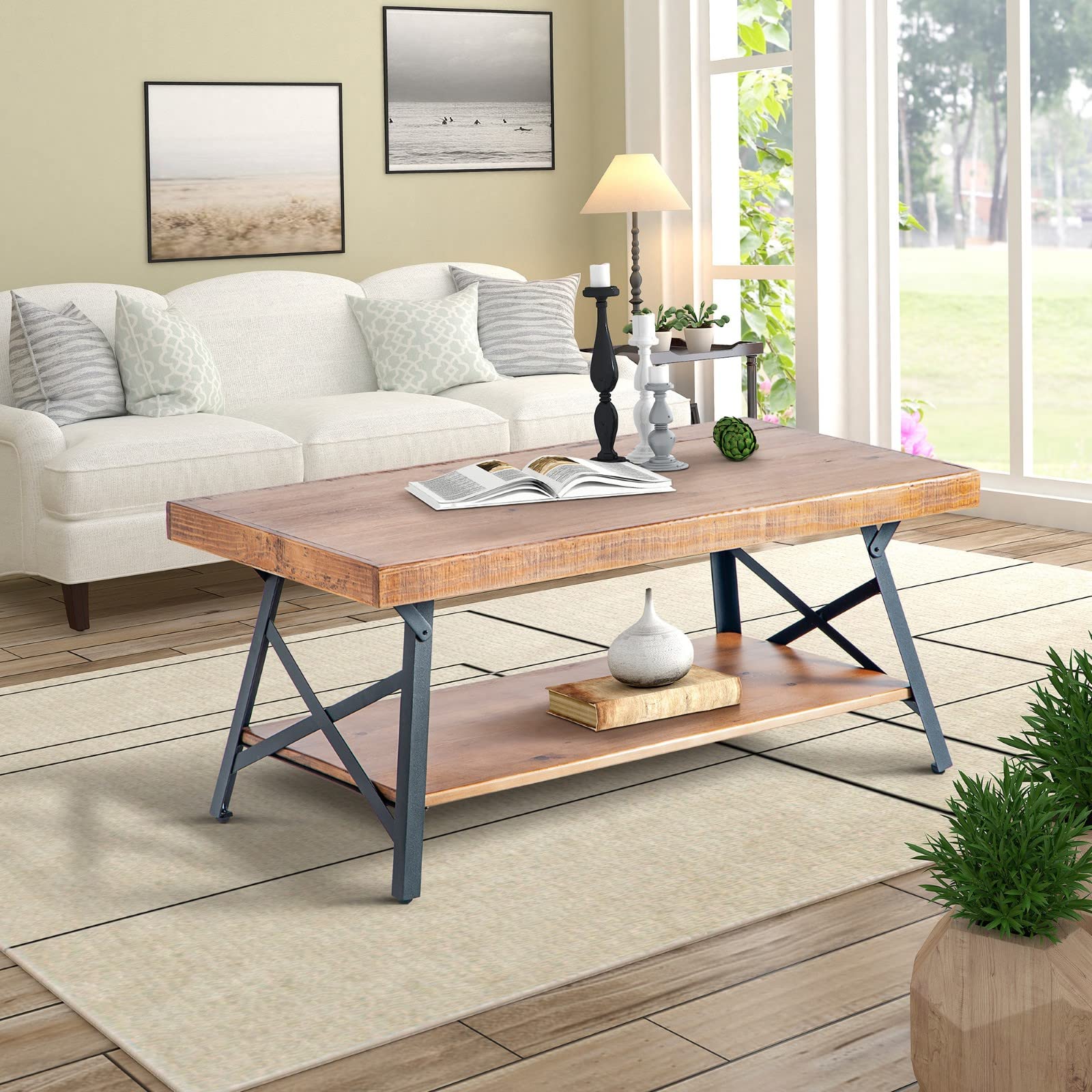 Rustic Industrial Solid Wood Coffee Table with Metal Legs & Storage Shelf - 43