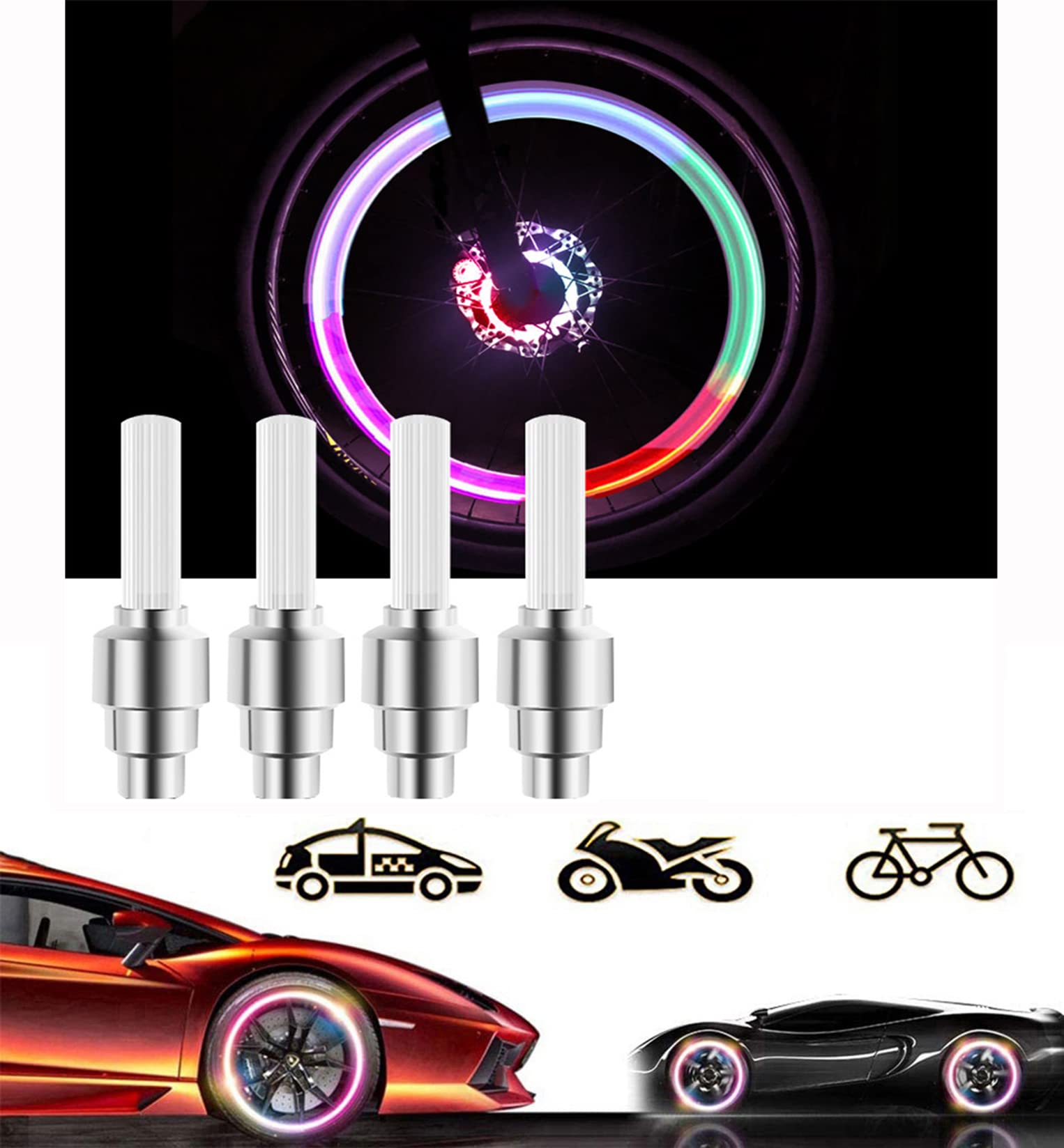 LED Tire Valve Caps - Colorful Bike Wheel Lights for Cars, Trucks, Golf Carts & Motorcycles | Waterproof Tyre Spoke Flash Lights with 10 Extra Batteries (Multicolor) | Perfect for Night Riding, Safety Visibility & Customizing Vehicles