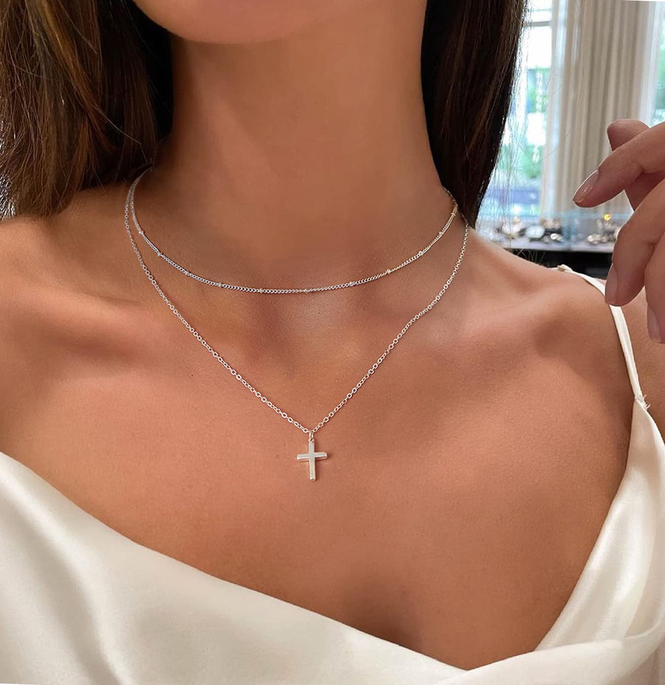 DEARMAY Dainty 14K Gold Filled Cross Necklace for Women - Thin Layered Small Cross Pendant Choker with Silver Chain - Minimalist Aesthetic Jewelry Gift for Her - Perfect for Everyday Wear, Church, Weddings & Special Occasions