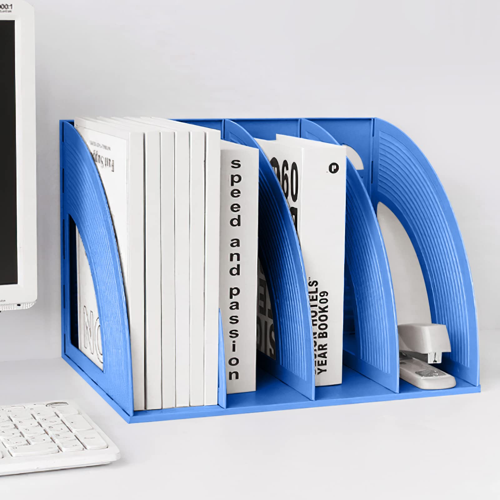SAYEEC 4-Tier Plastic Magazine Holder - Vertical A4 File Organizer for Documents, Papers, and Magazines - Sturdy Desk Storage for Office, Home & School - Space-Saving Blue Organizer Box (Perfect for Clutter-Free Workspaces & Bookshelves)
