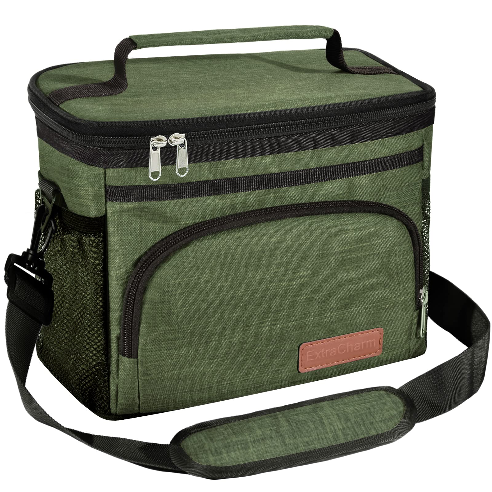 ExtraCharm Insulated Lunch Bag for Women & Men - Reusable Leakproof Cooler Tote with Adjustable Shoulder Strap - Perfect for Office, School, Picnic, Hiking, Beach & Travel - Eco-Friendly Lunch Box Organizer for Adults - Green
