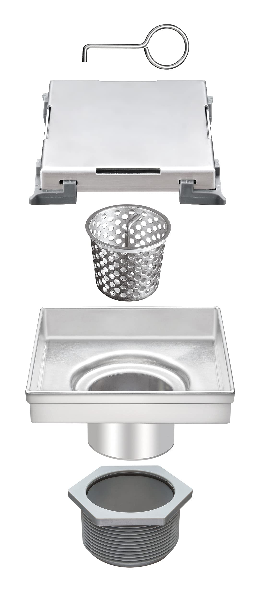 HEATGENE 4-Inch Square Shower Drain with Flat Cover - Stainless Steel Shower Floor Drain with 2-in-1 Flat & Tile Insert Cover - Includes Hair Strainer - Brushed Finish - Ideal for Bathroom Renovation & Modern Shower Installations