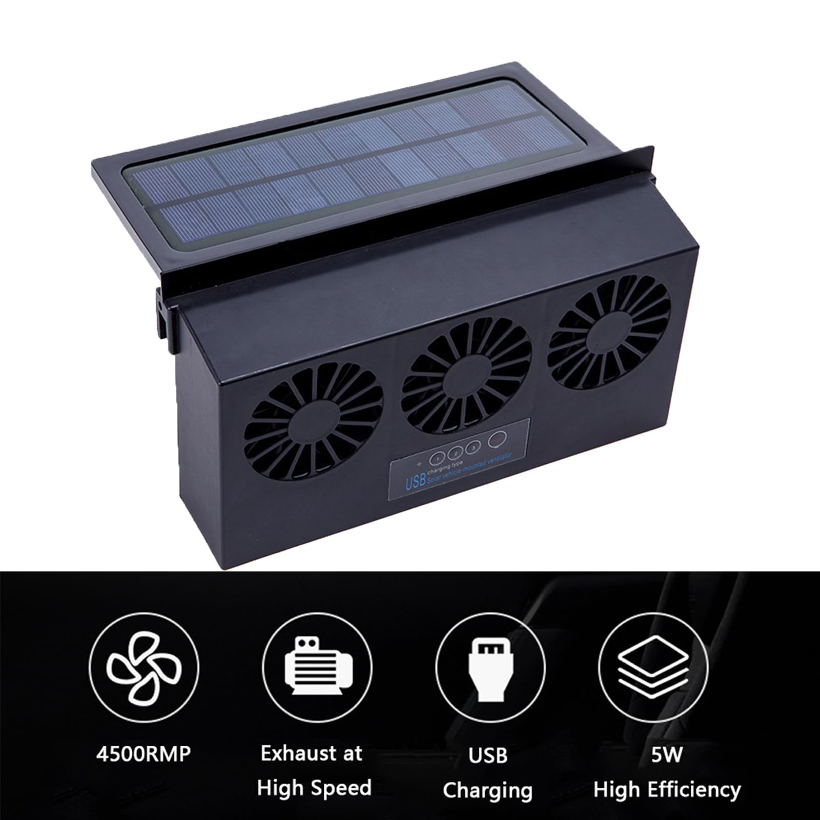Solar Powered Car Fan with USB Charging - Strong Wind Auto Window Exhaust Cooling Fan for Vehicle Ventilation - Perfect for Summer Road Trips & Parking Cooling (Black)