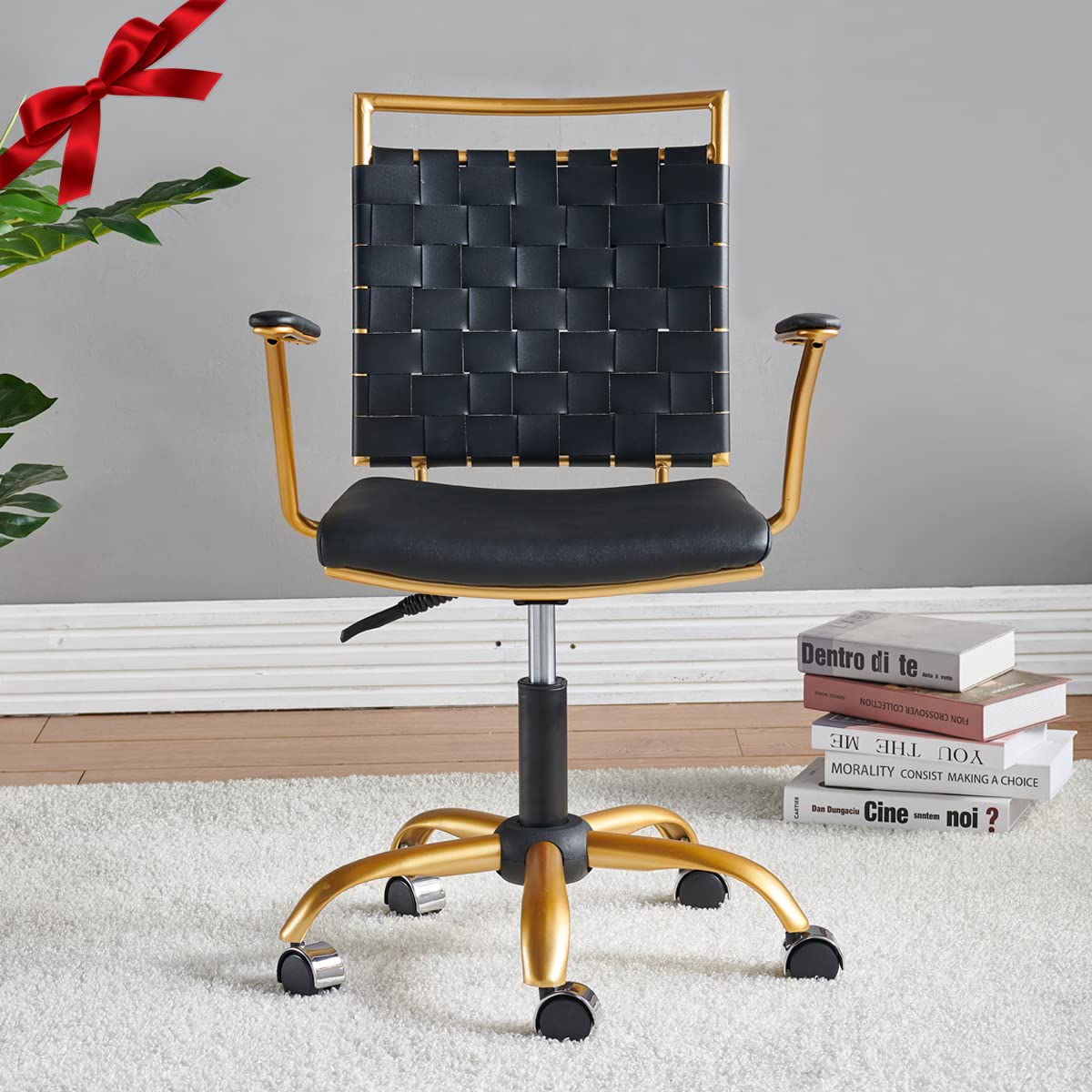 Premium Modern Leather Office Chair - Gold & Black Mid Back Swivel Task Chair with Wheels & Arms - Ergonomic Computer Desk Chair for Home & Conference Room - Comfortable for Long Work Hours (Black)