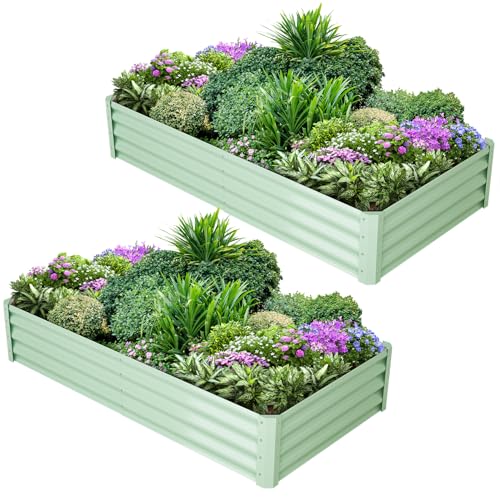 GARVEE 2 Pack 6' x 3' x 1' Galvanized Raised Garden Beds with Open Base & Safety Edge - Premium Quality Metal Planter Box for Outdoor Gardening, Vegetables, Flowers & Herbs - Includes Free Gardening Gloves (Green)
