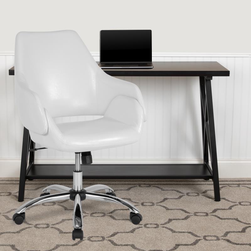 FLASH Madrid White Leather Upholstered Mid Back Office Chair - Ergonomic Home & Office Desk Chair for Comfortable Working & Studying