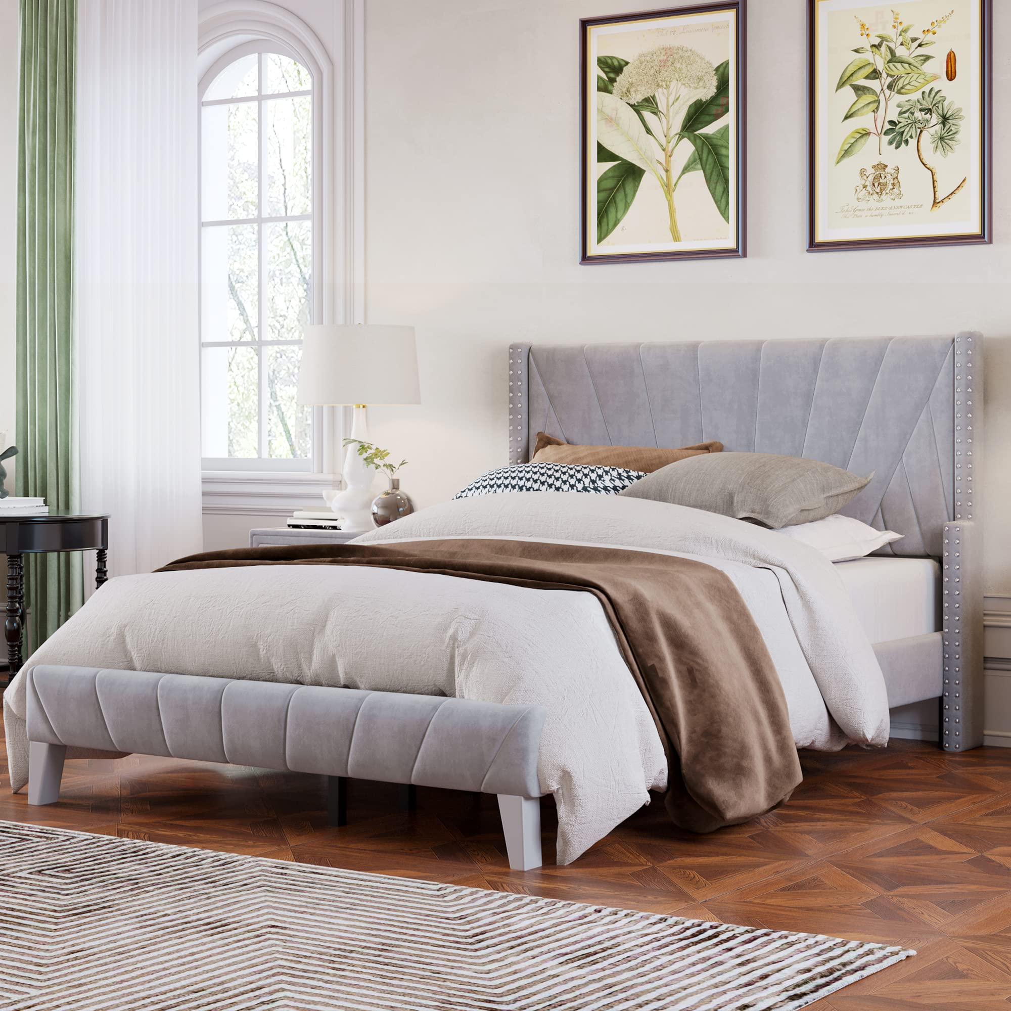 Modern Velvet Upholstered Full Size Bed with Channel Tufted Headboard & Nailhead Trim - Wingback Platform Bed with Tapered Wood Legs & Sturdy Wood Slats Support (Grey) - Perfect for Master Bedrooms, Guest Rooms & Luxury Home Decor