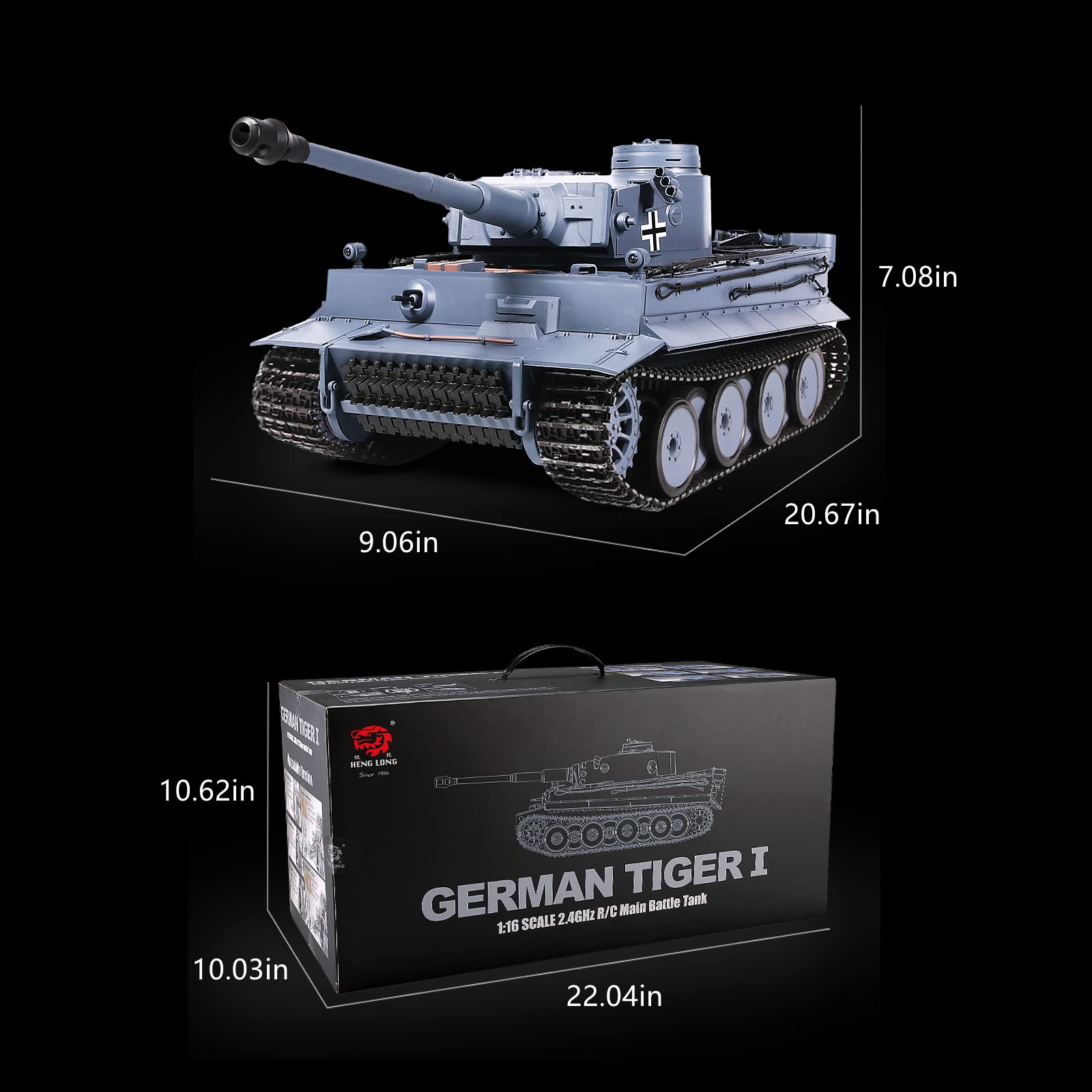 Heng Long 1:16 Scale German Tiger I Gray RC Tank - 2.4GHz Remote Control Military Vehicle with 320° Rotating Turret - Collectible Model Tank for Adults & Teens 14+ | Perfect for Military Enthusiasts, Collectors, and Battle Simulation Play