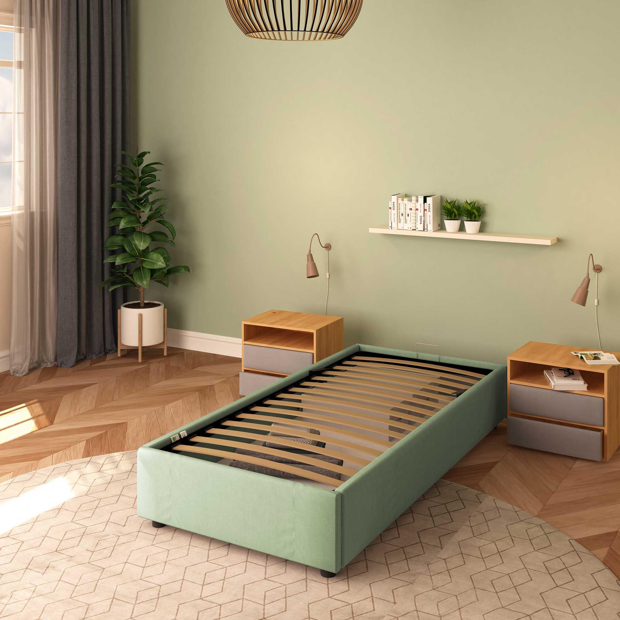 Baldiflex Cloe Square and Half Bed with Fabric Storage Container, No Headboard, Slatted Base for Mattresses, 100 x 200 cm, Mint Green - Perfect for Small Bedrooms, Guest Rooms & Studio Apartments
