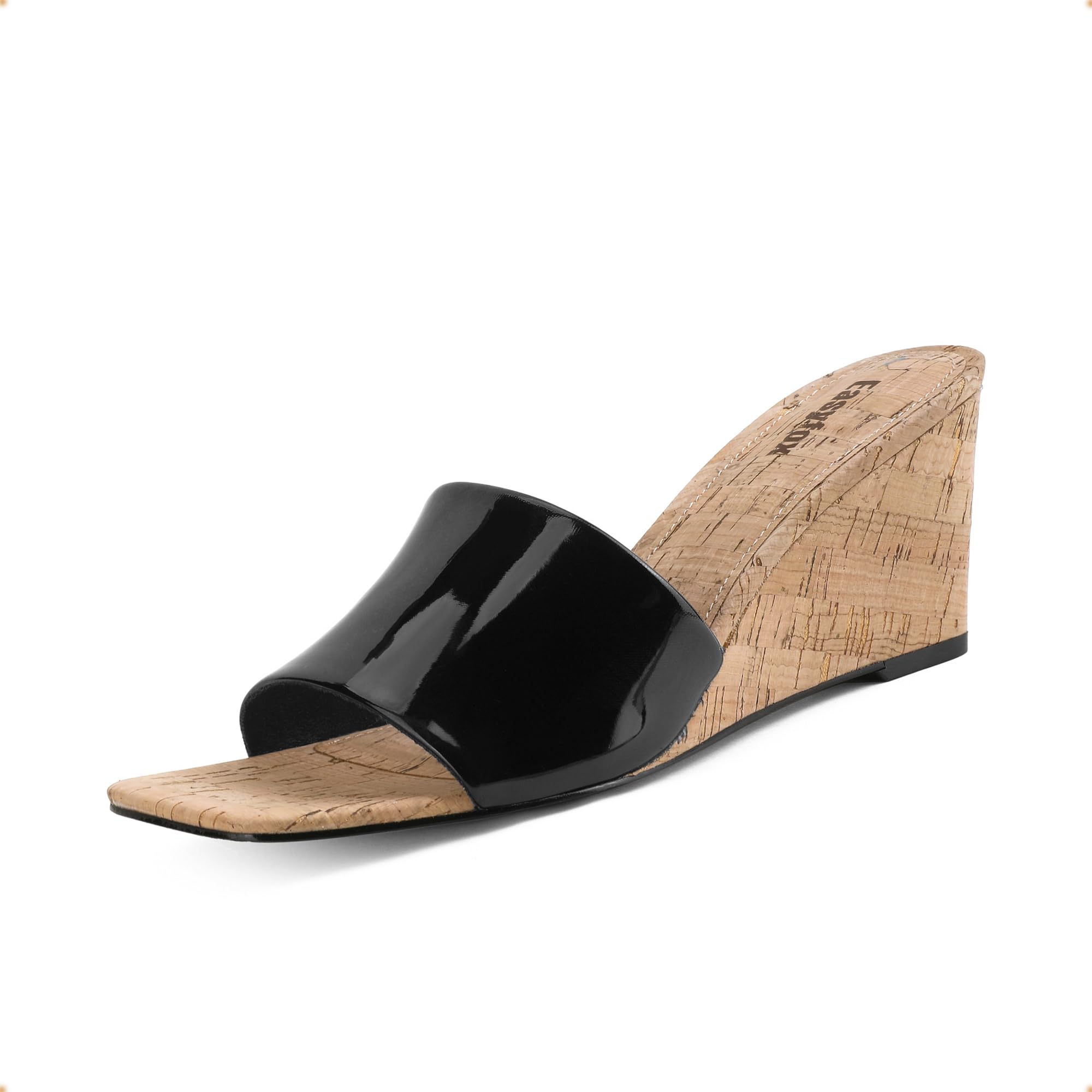 Women's Open Toe Wedge Sandals - High Heel Square Toe Wood Grain Slip On Mules for Summer Outfits & Beach Vacations