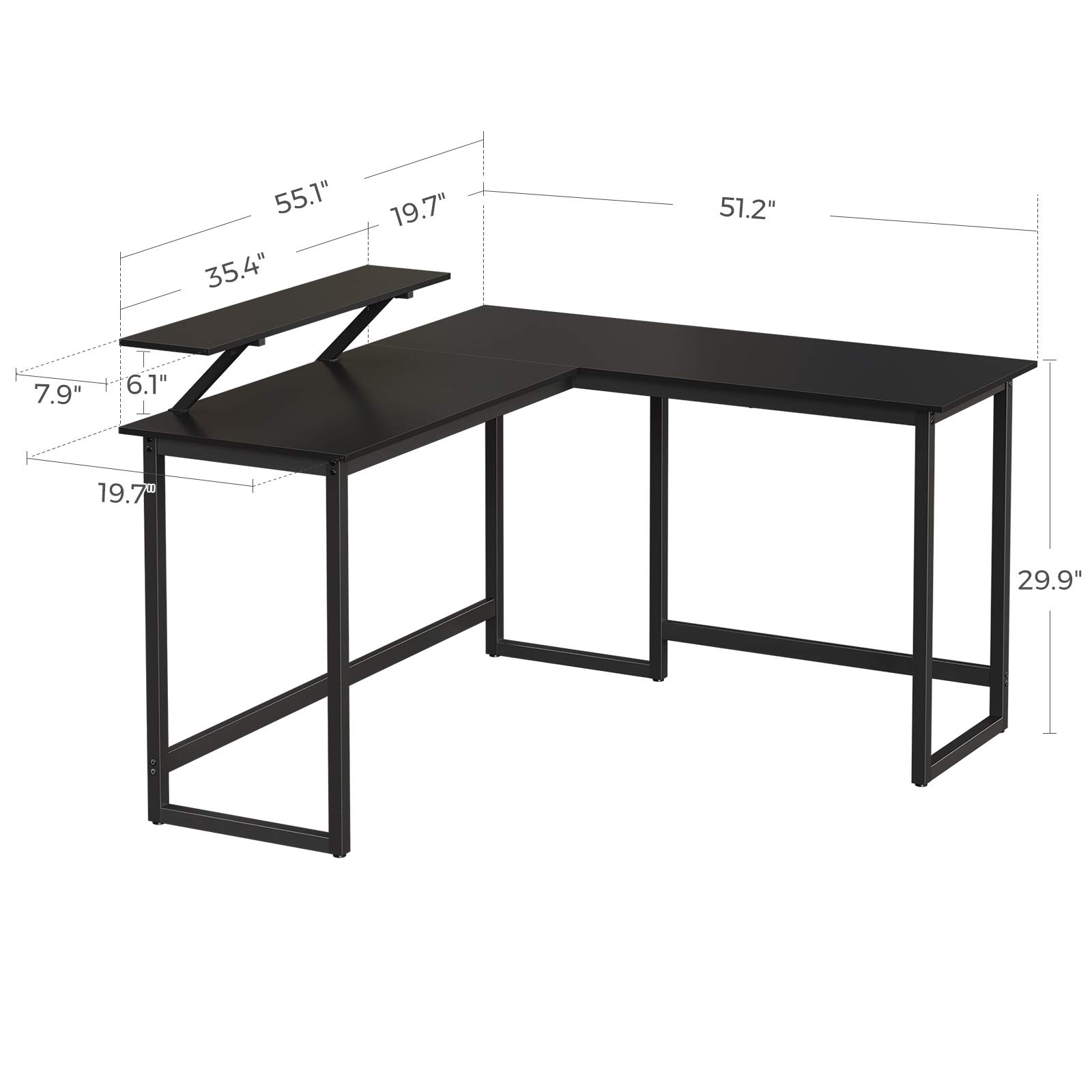 VASAGLE ALINRU L-Shaped Corner Computer Desk with Monitor Stand - Industrial Home Office Workstation for Study, Writing & Gaming - Space-Saving Design, Easy Assembly, Black ULWD56BK - Perfect for Small Spaces & Multi-Tasking Workspaces