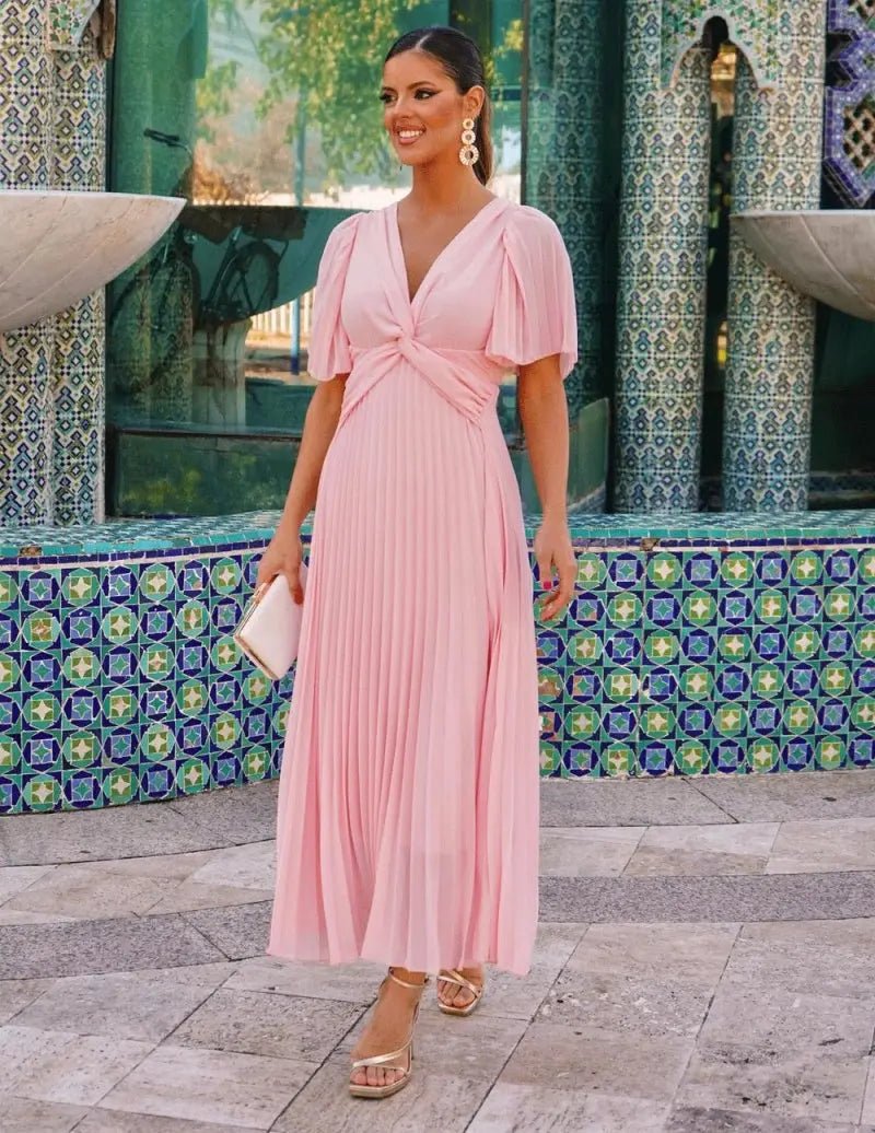 Powder Pink Long Pleated Robe Charlotte - Elegant Loungewear for Women, Perfect for Spa Days, Bridal Showers & Relaxing at Home