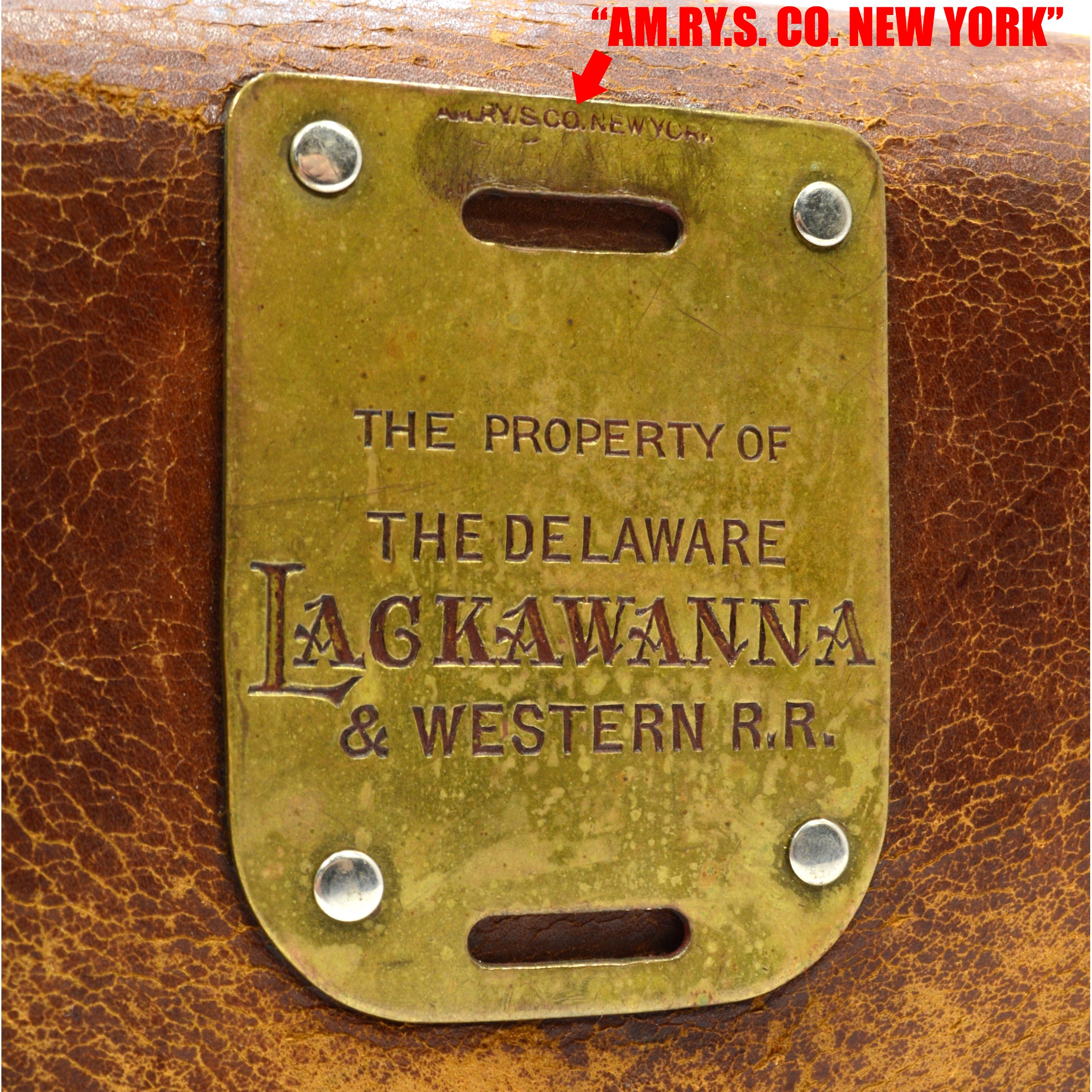 Vintage Antique Brass Train Tag - Delaware Lackawanna & Western Railroad Leather Bag - Rare Collectible - Perfect for Train Enthusiasts & Vintage Fashion Accessories